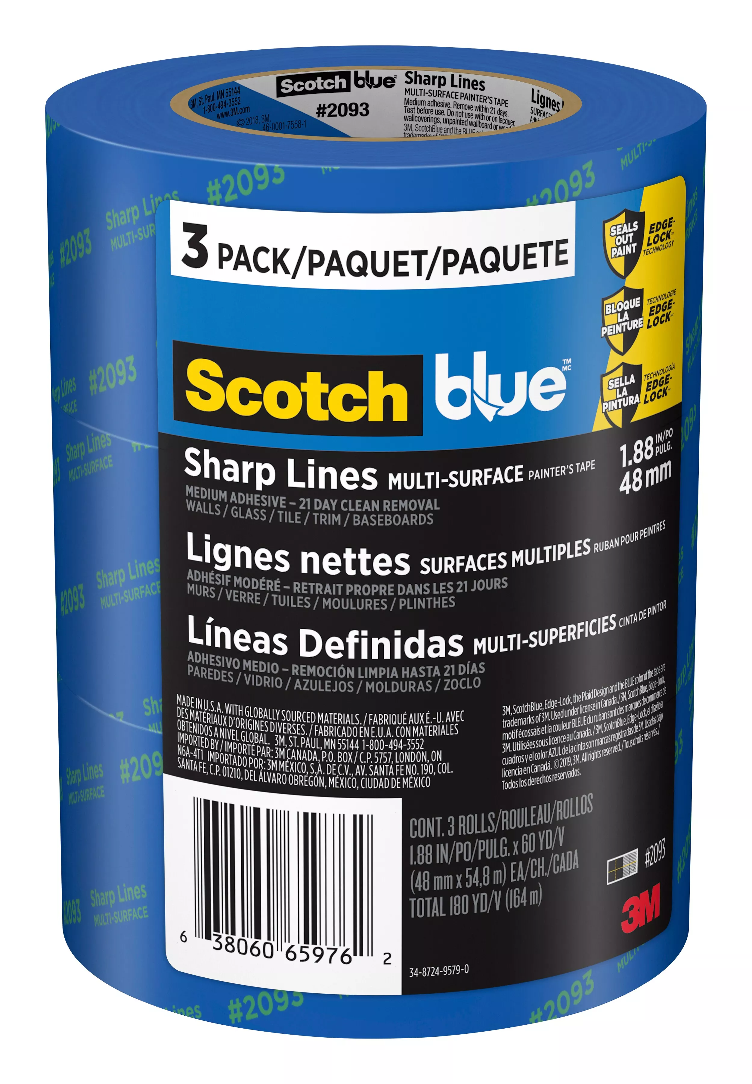 ScotchBlue™ Sharp Lines Painter's Tape 2093-48TC3, 1.88 in x 60 yd (48 mm x 54.8 m), 3 rolls/pack