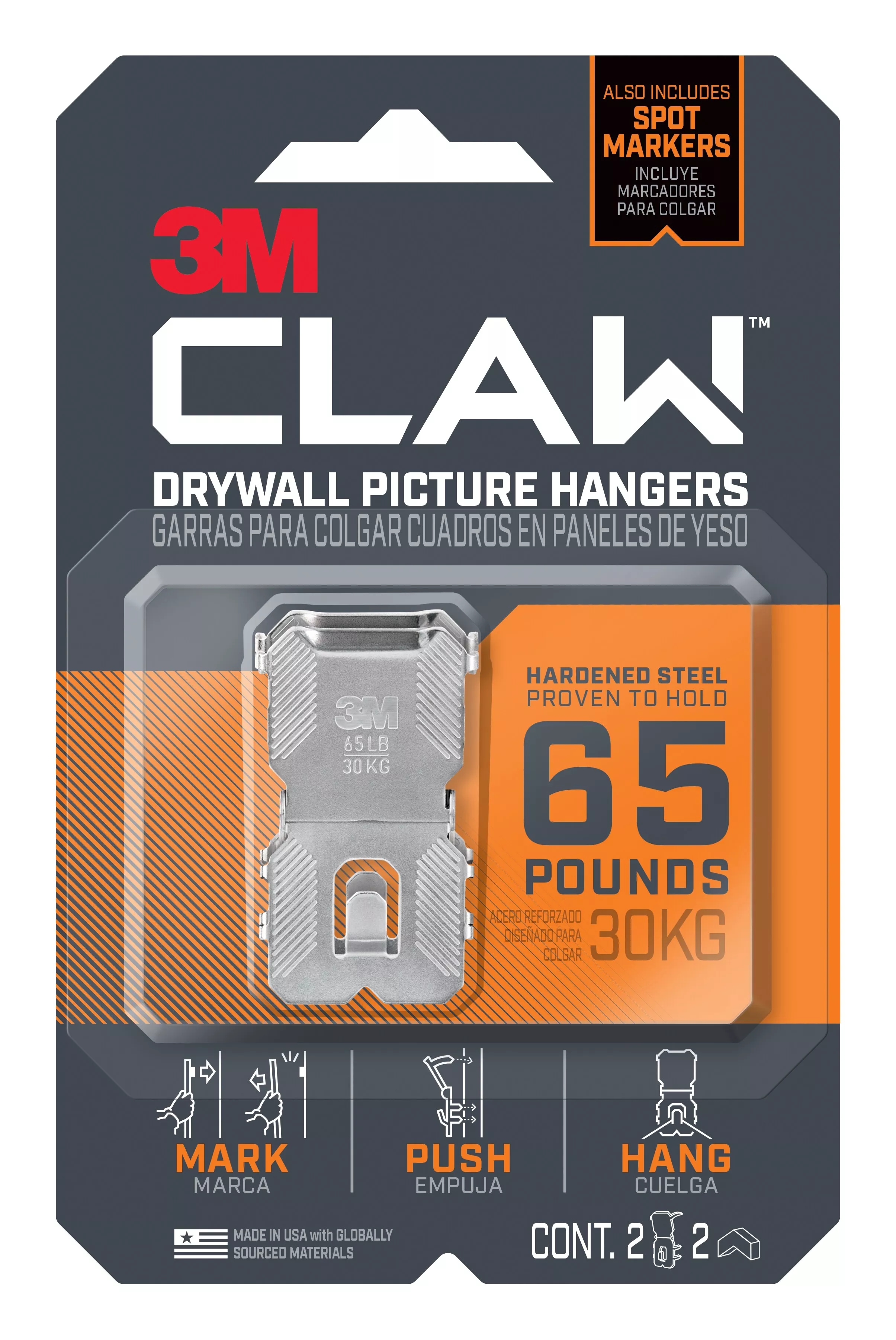 SKU 7100240633 | 3M™ CLAW™ 65lb Drywall Picture Hangers with Spot Markers 3PH65M-2ES