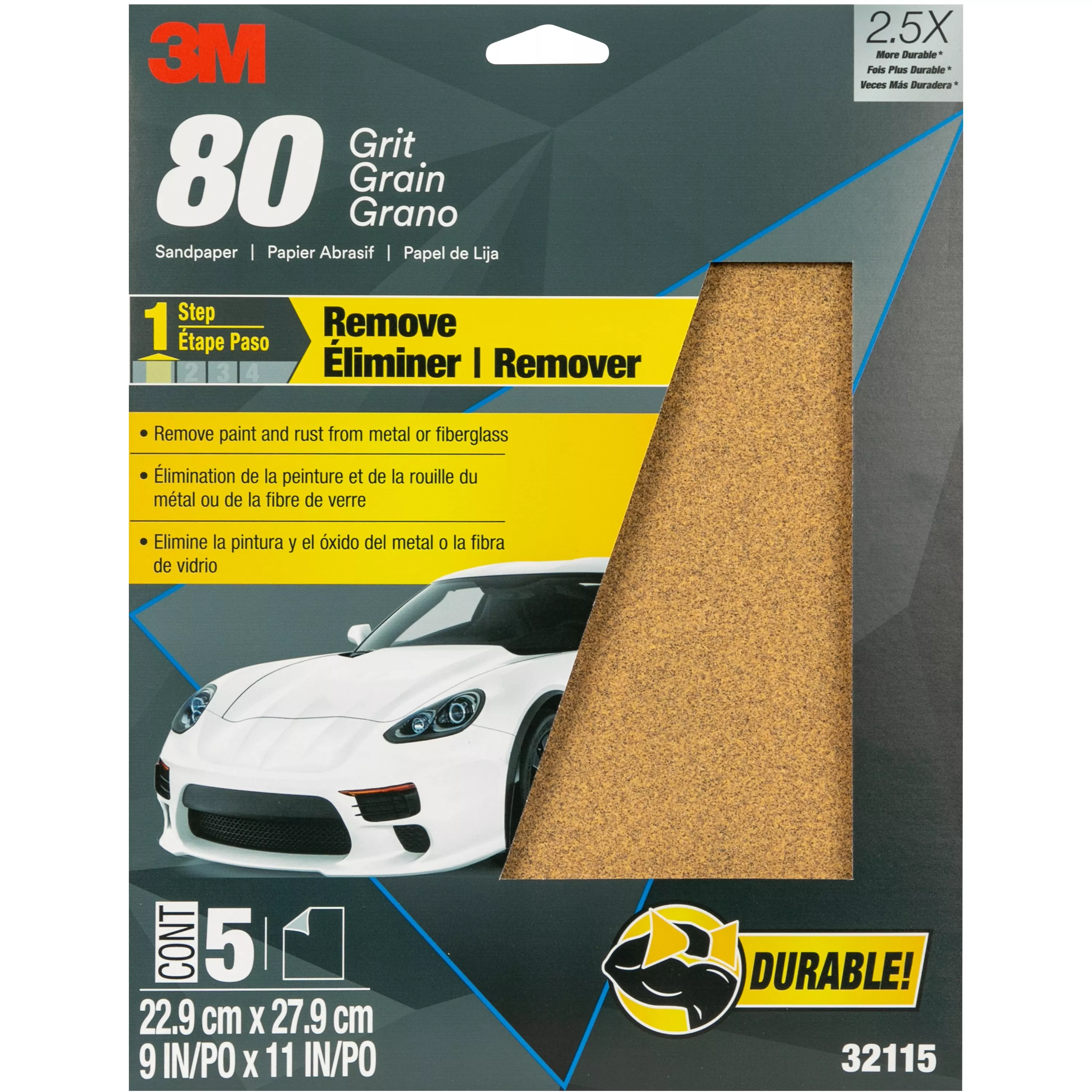 3M™ Sandpaper, 32115, 80 Grit, 9 in x 11 in, 5 per pack, 20 packs per
case