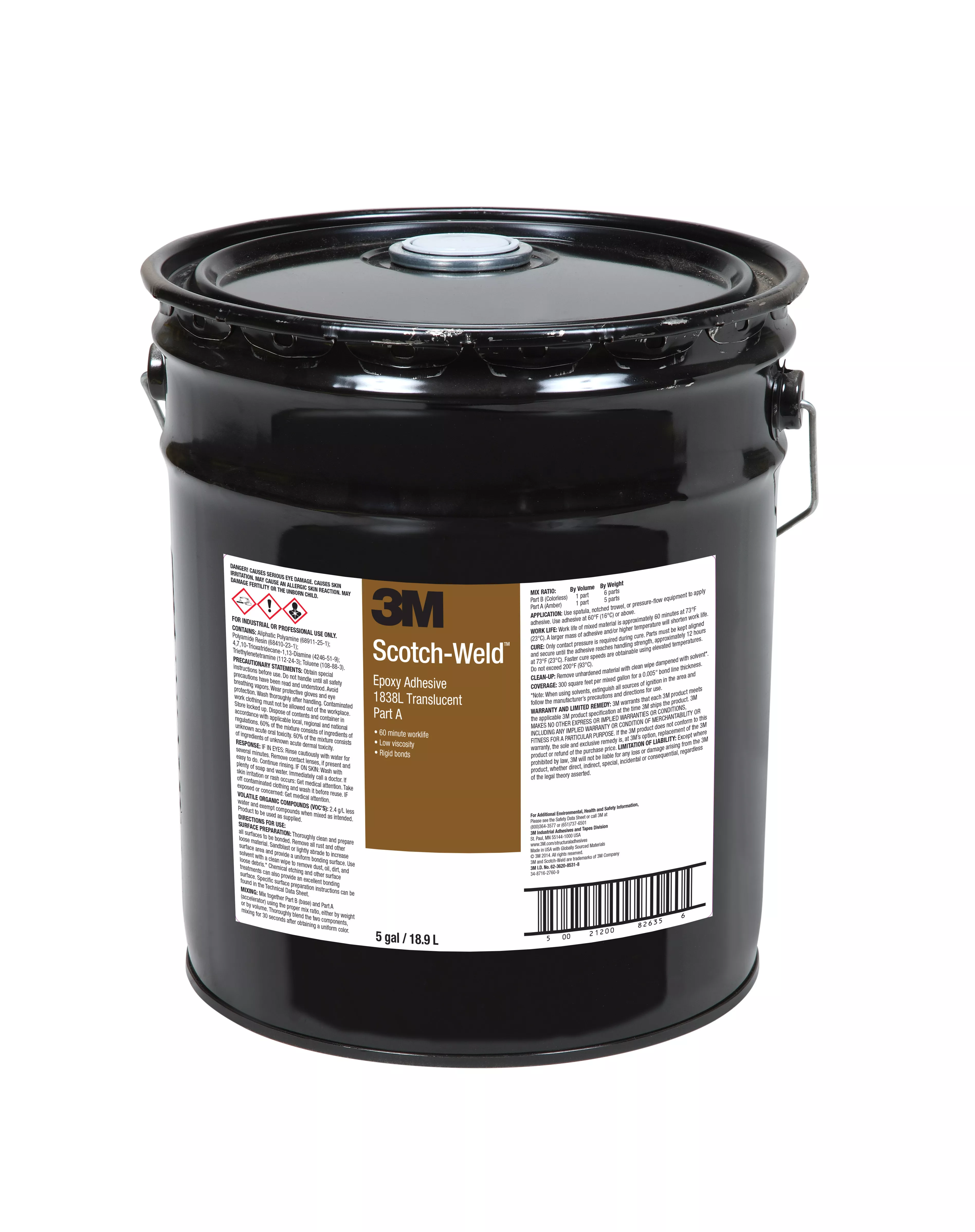 3M™ Scotch-Weld™ Epoxy Adhesive 1838L, Translucent, Part A, 5 Gallon
(Pail), Drum