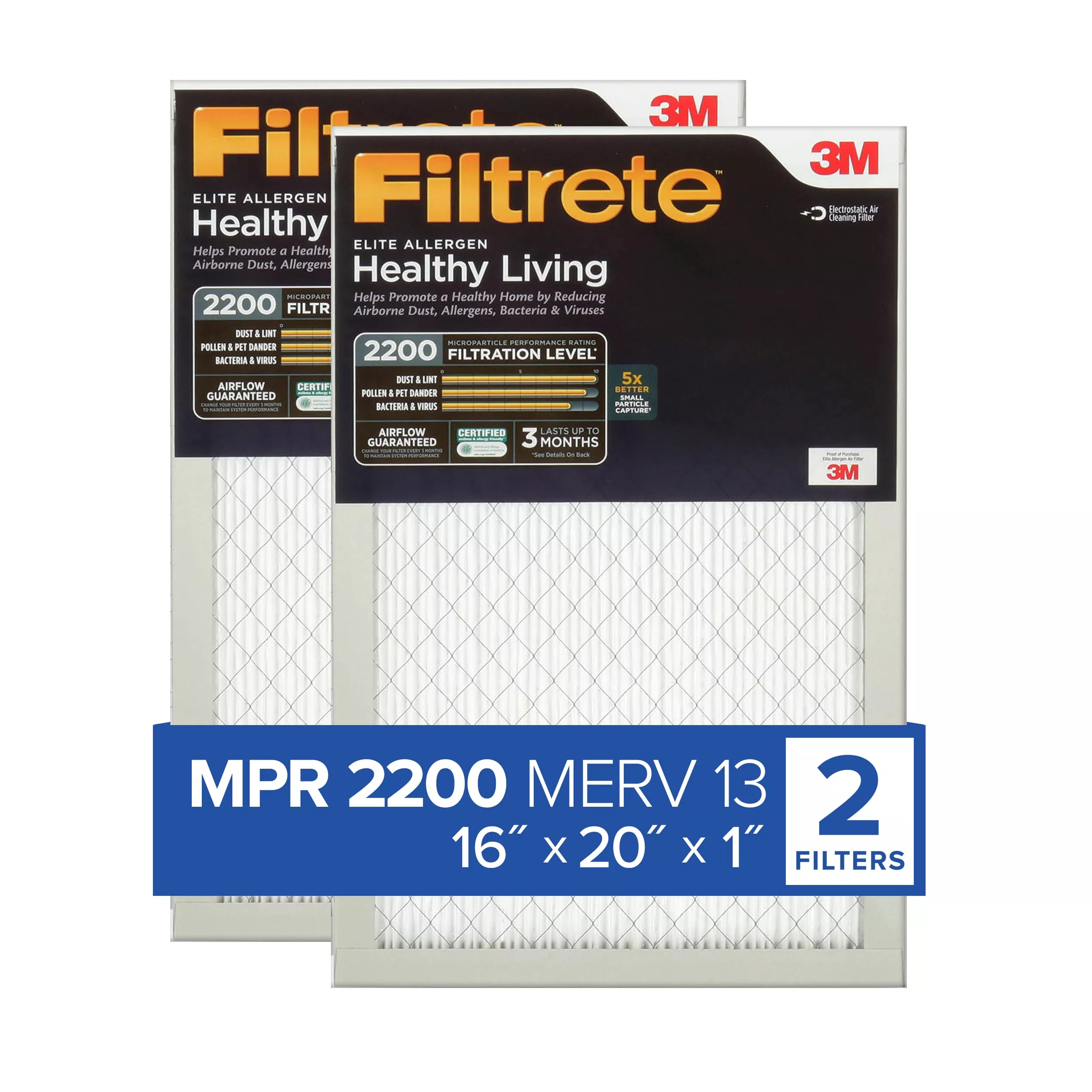 Filtrete™ Elite Allergen Reduction Filter EA00-2PK-6E-NA, MPR 2200, 16
in x 20 in x 1 in (40,6 cm x 50,8 cm x 2,5 cm), 2/pk