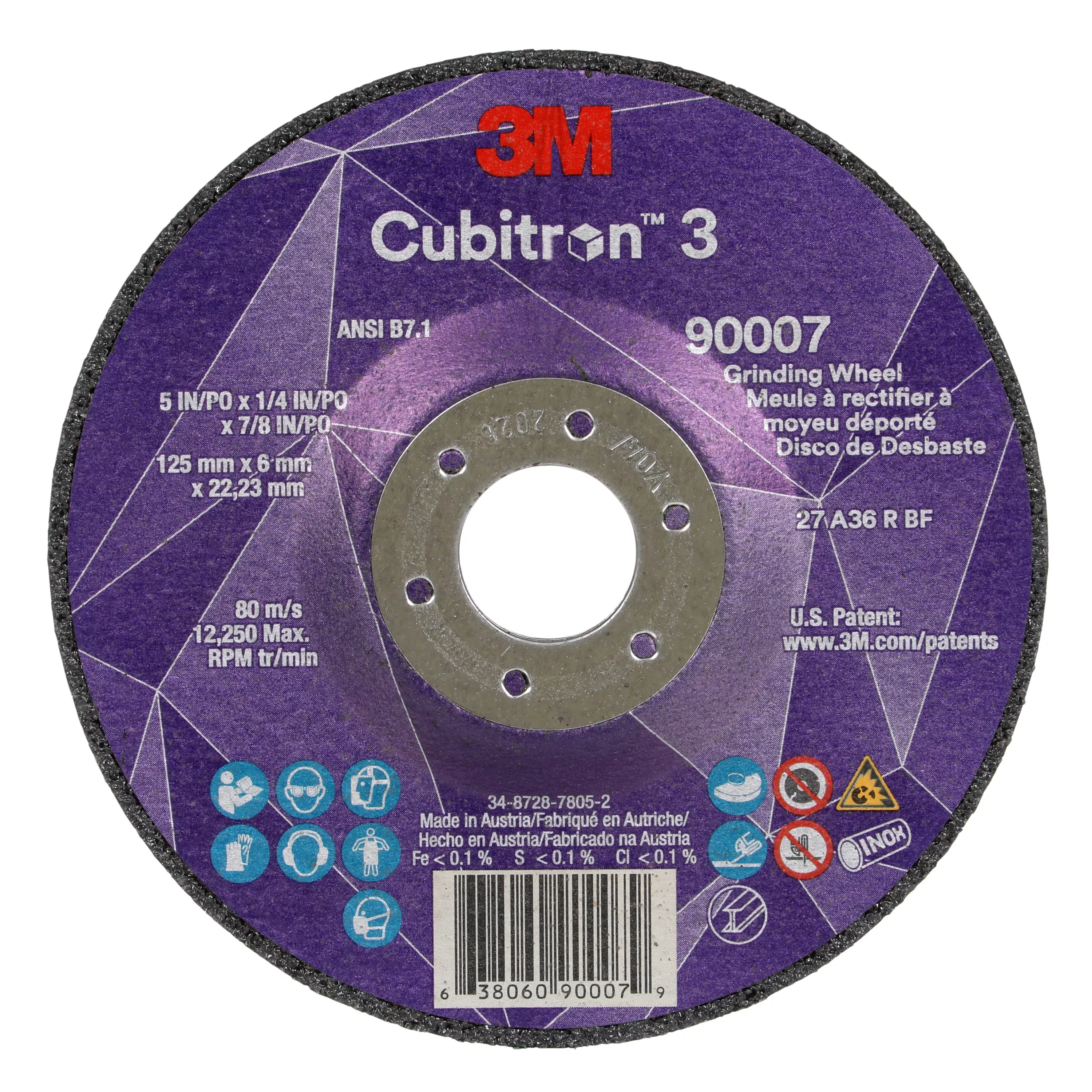 3M™ Cubitron™ 3 Depressed Center Grinding Wheel, 90007, 36+, T27, 5 in x
1/4 in x 7/8 in (125x6x22.23mm) ANSI, 10/Pack, 20 ea/Case