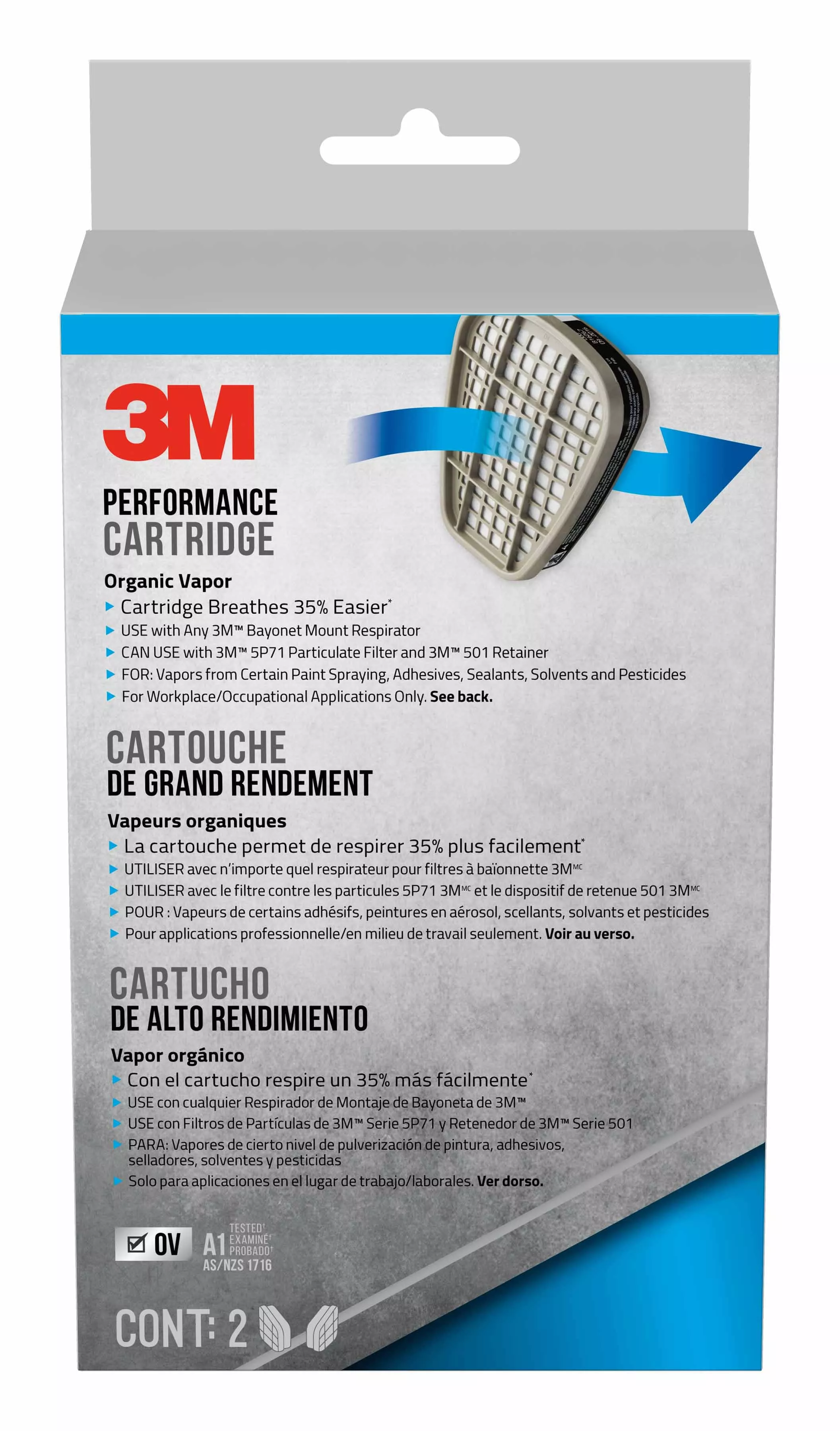 3M™ Performance Cartridge Organic Vapor, 6001P2-DC, 2 pair/pack, 5
packs/case