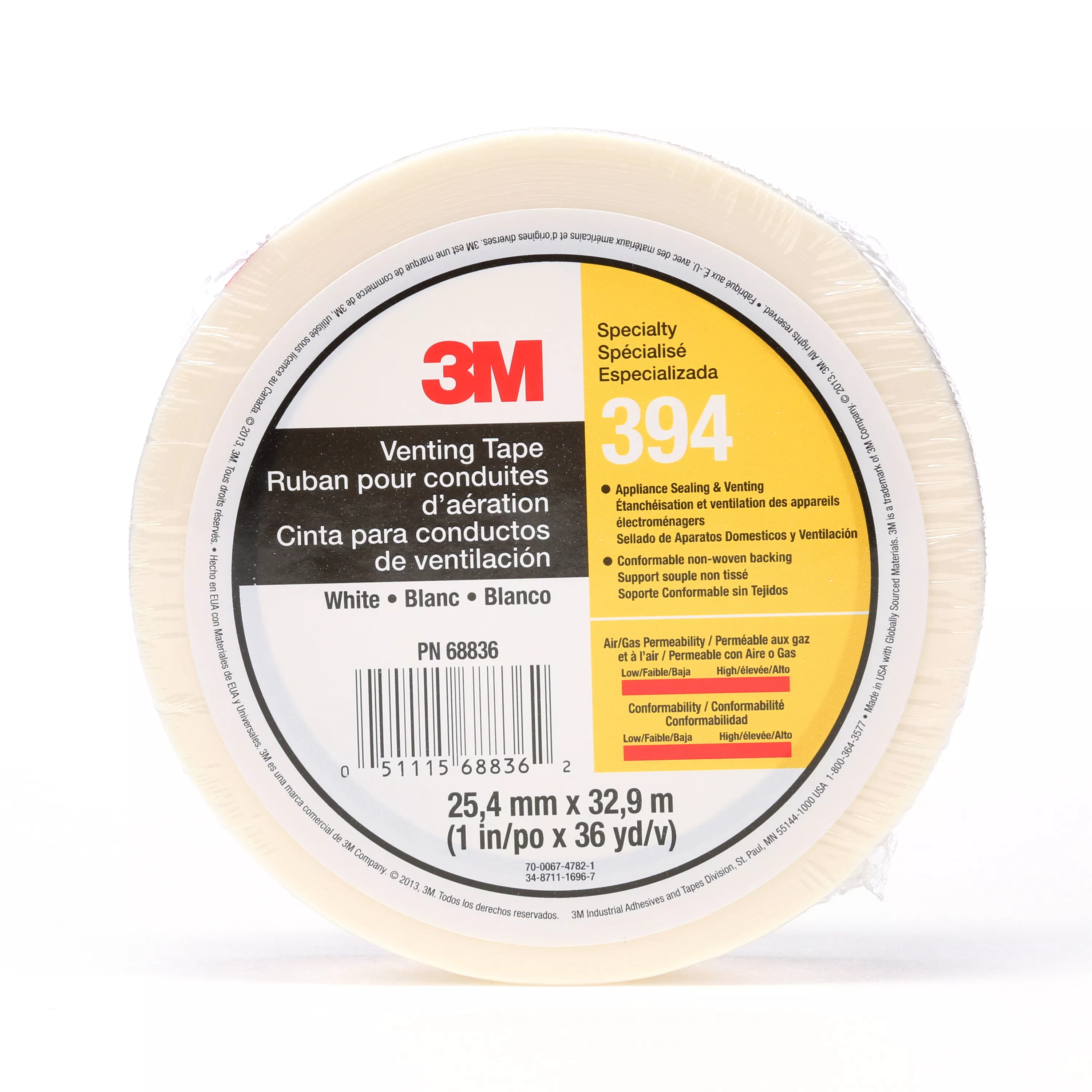 3M™ Vent Tape 394, White, 1 in x 36 yd, 4 mil, 36 Roll/Case,
Individually Wrapped Conveniently Packaged