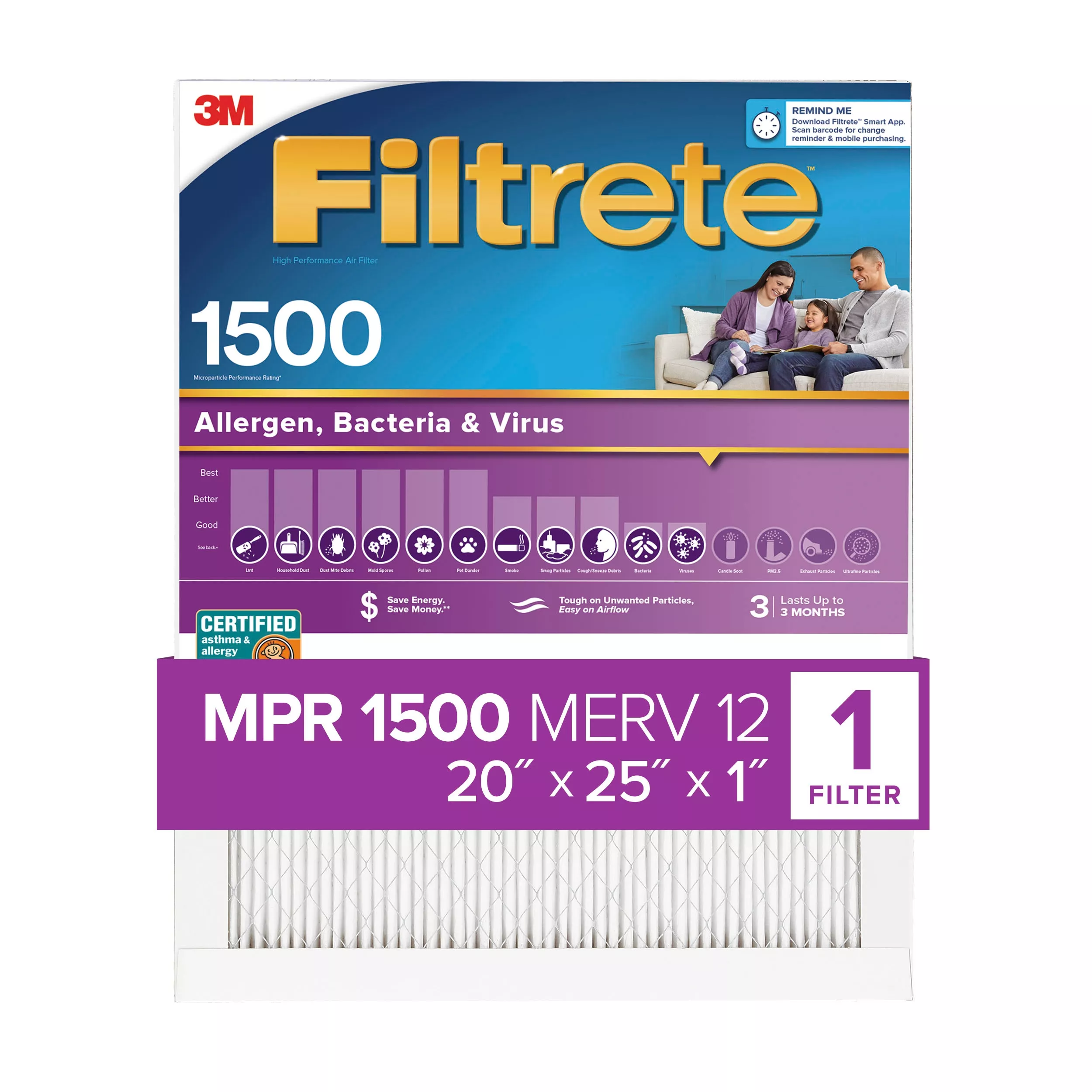 Filtrete™ Allergen, Bacteria & Virus Air Filter, 1500 MPR, 2003-4-HR, 20
in x 25 in x 1 in (50,8 cm x 63,5 cm x 2,5 cm)