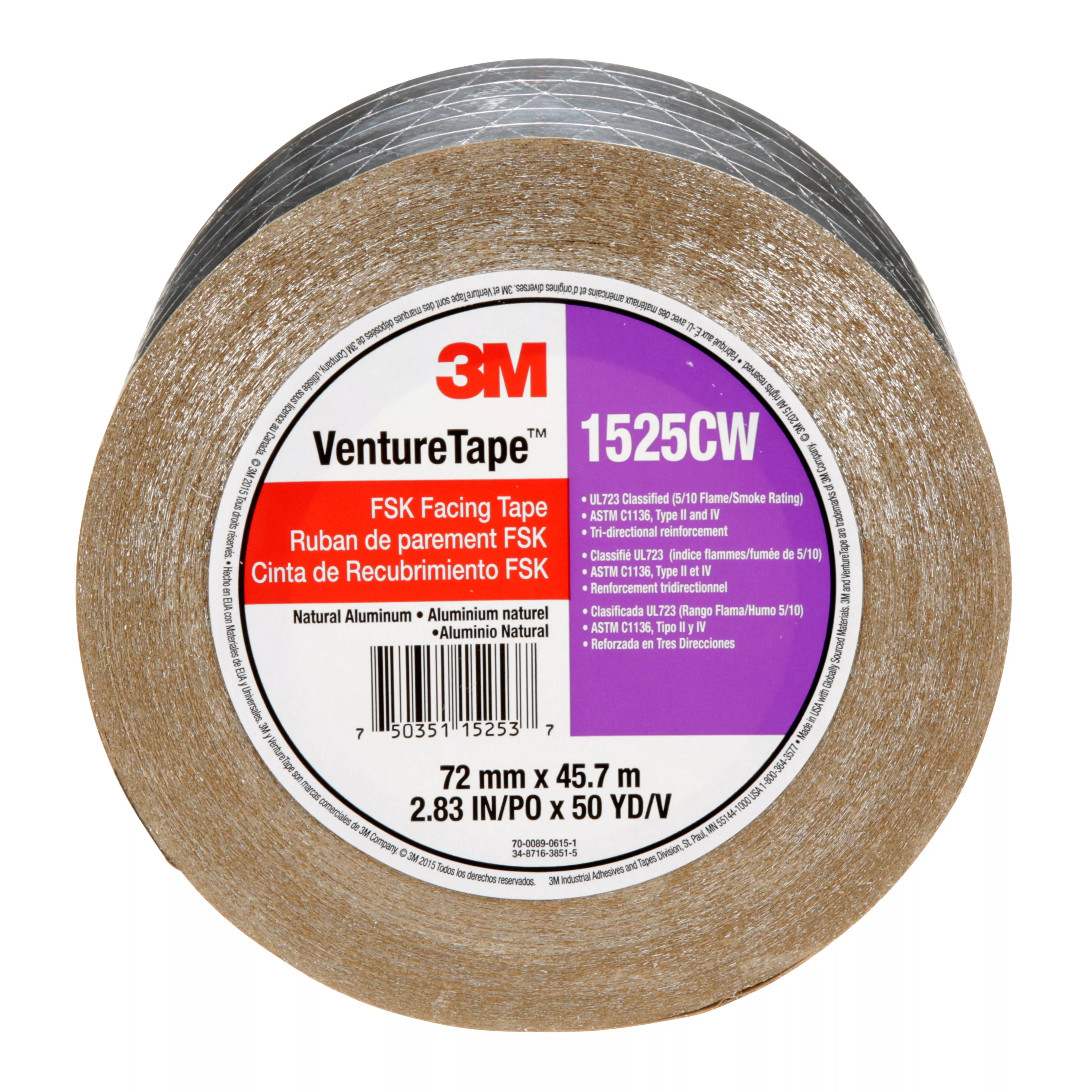 3M™ Venture Tape™ FSK Facing Tape 1525CW, Silver, 72 mm x 45.7 m, 16
Rolls/Case