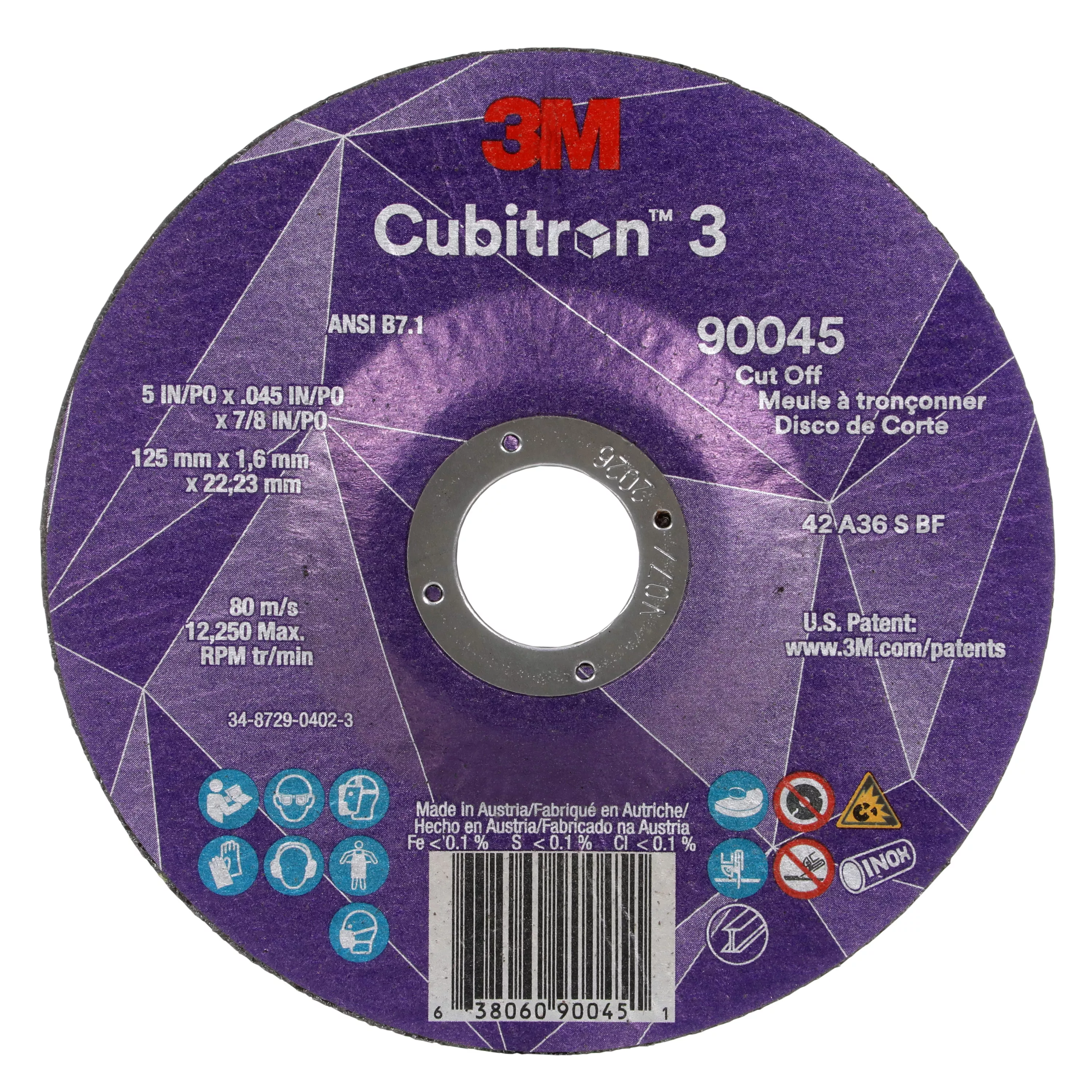 3M™ Cubitron™ 3 Cut-Off Wheel, 90045, 36+, T27, 5 in x 0.045 in x 7/8 in
(125 x 1.6 x 22.23 mm), ANSI, 25/Pack, 50 ea/Case