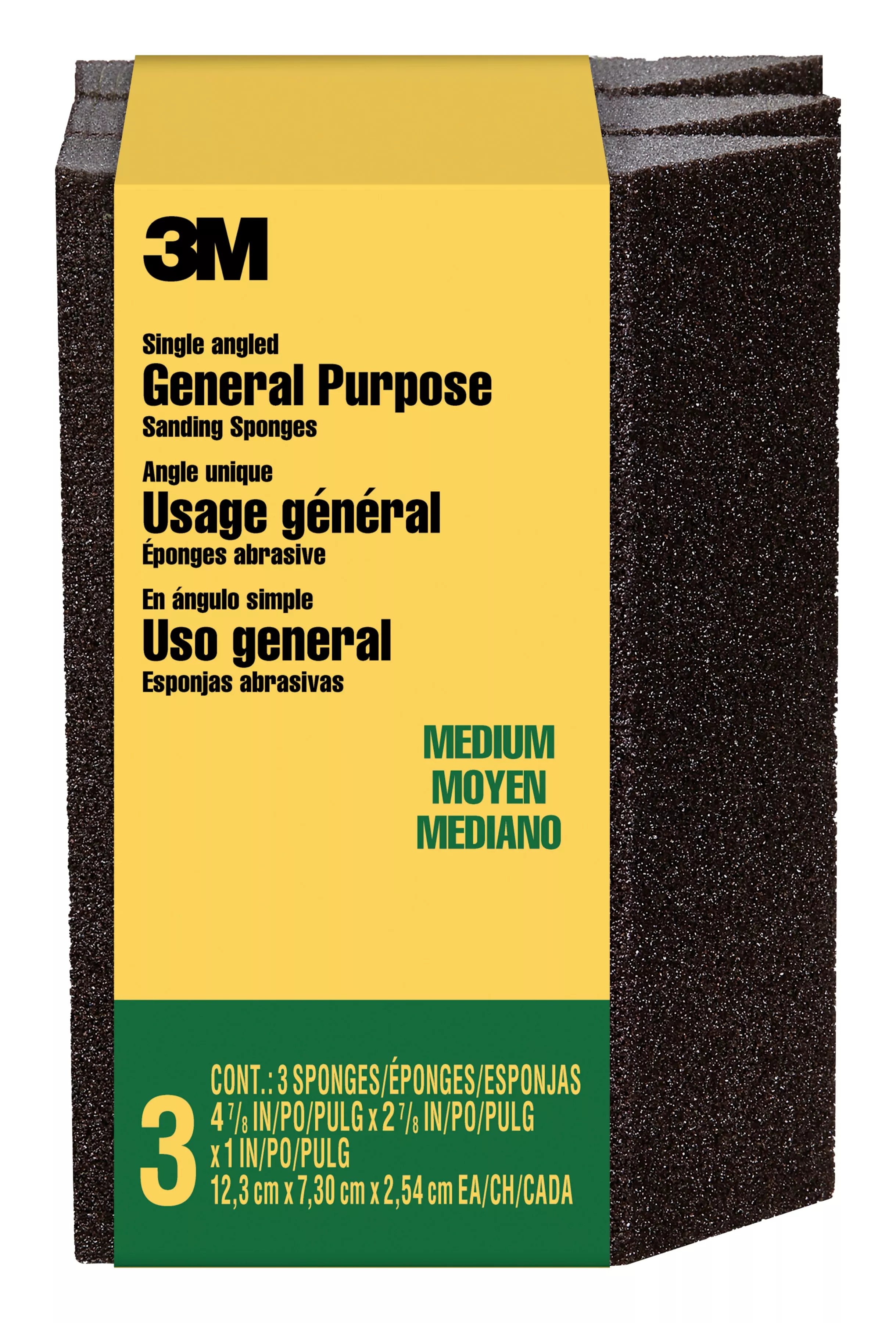 3M™ General Purpose Sanding Sponge CP041-3PK, Single Angle, 2 7/8 in x 4 7/8 in x 1 in, Medium, 3/pk, 6 pks/cs