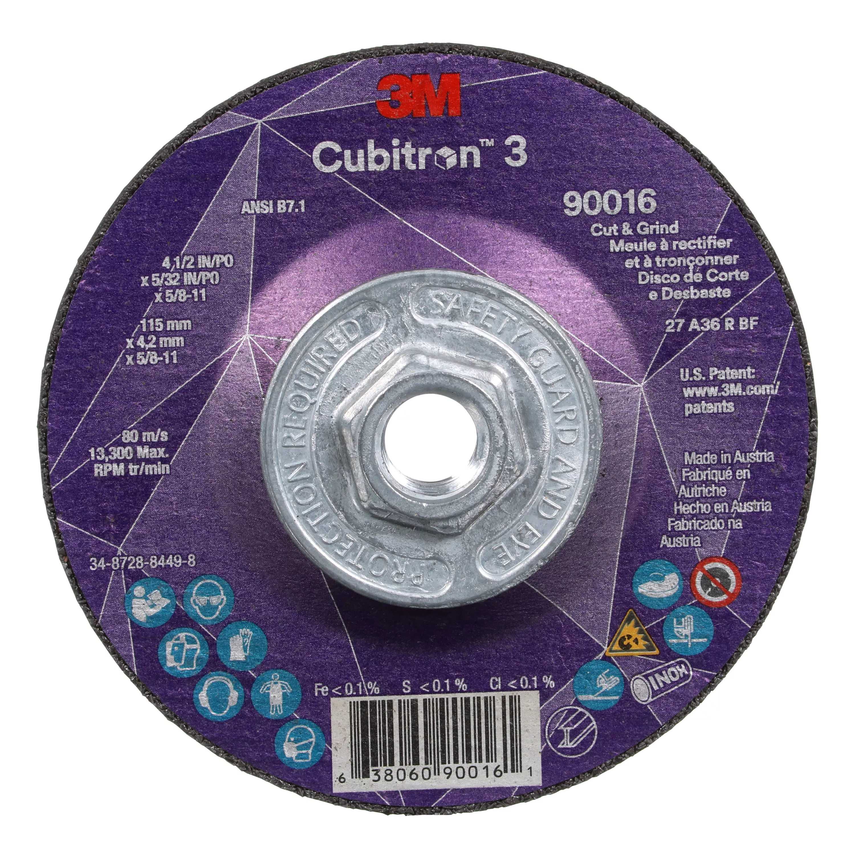 3M™ Cubitron™ 3 Cut and Grind Wheel, 90016, 36+, T27, 4-1/2 in x 5/32 in
x 5/8 in-11 (115 x 4.2 mm x 5/8-11 in), ANSI, 10 ea/Case