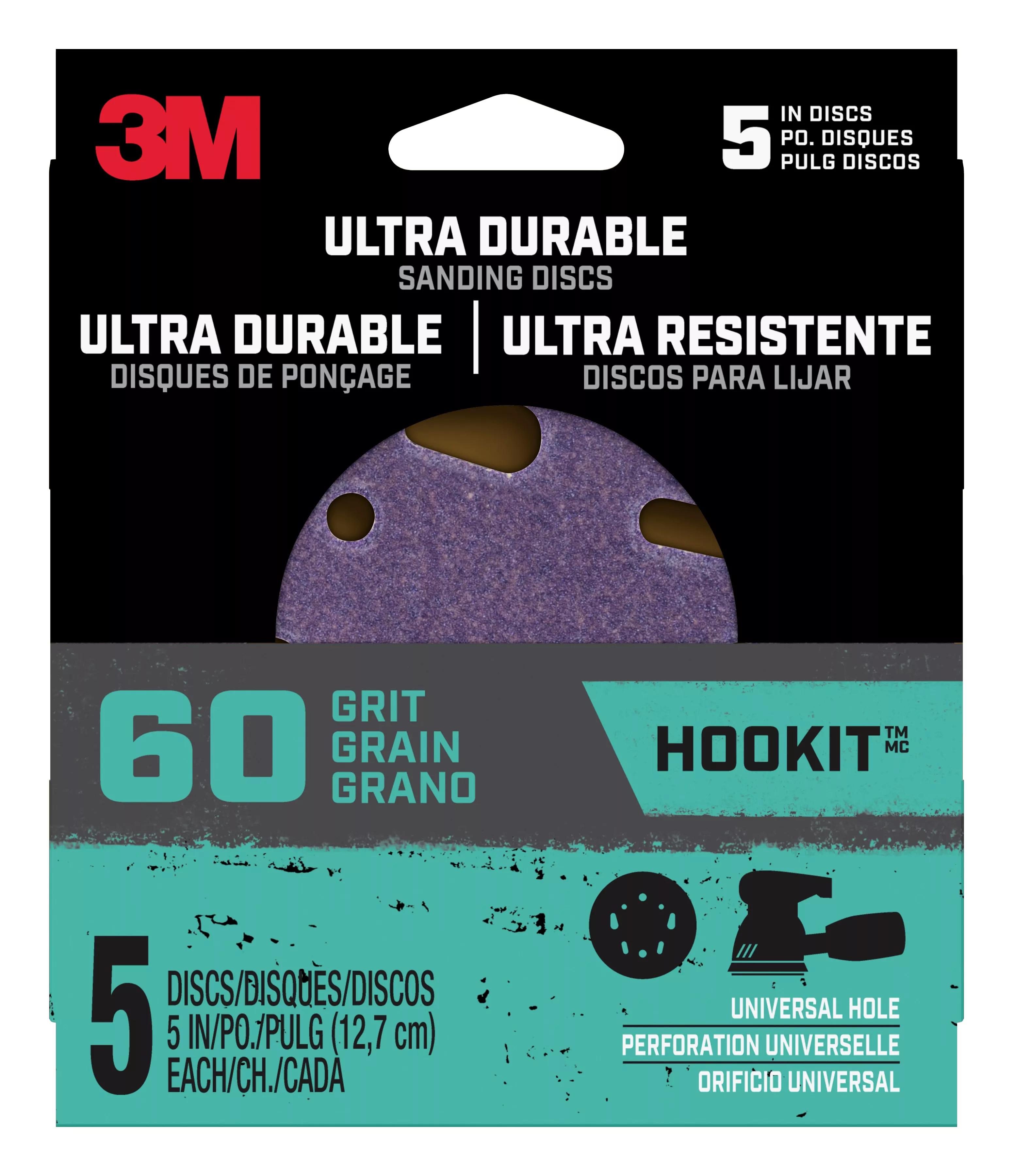 3M™ Ultra Durable 5 inch Power Sanding Discs, Universal Hole, 60 grit,
Disc5in5pk60, 5/pk, 20/case