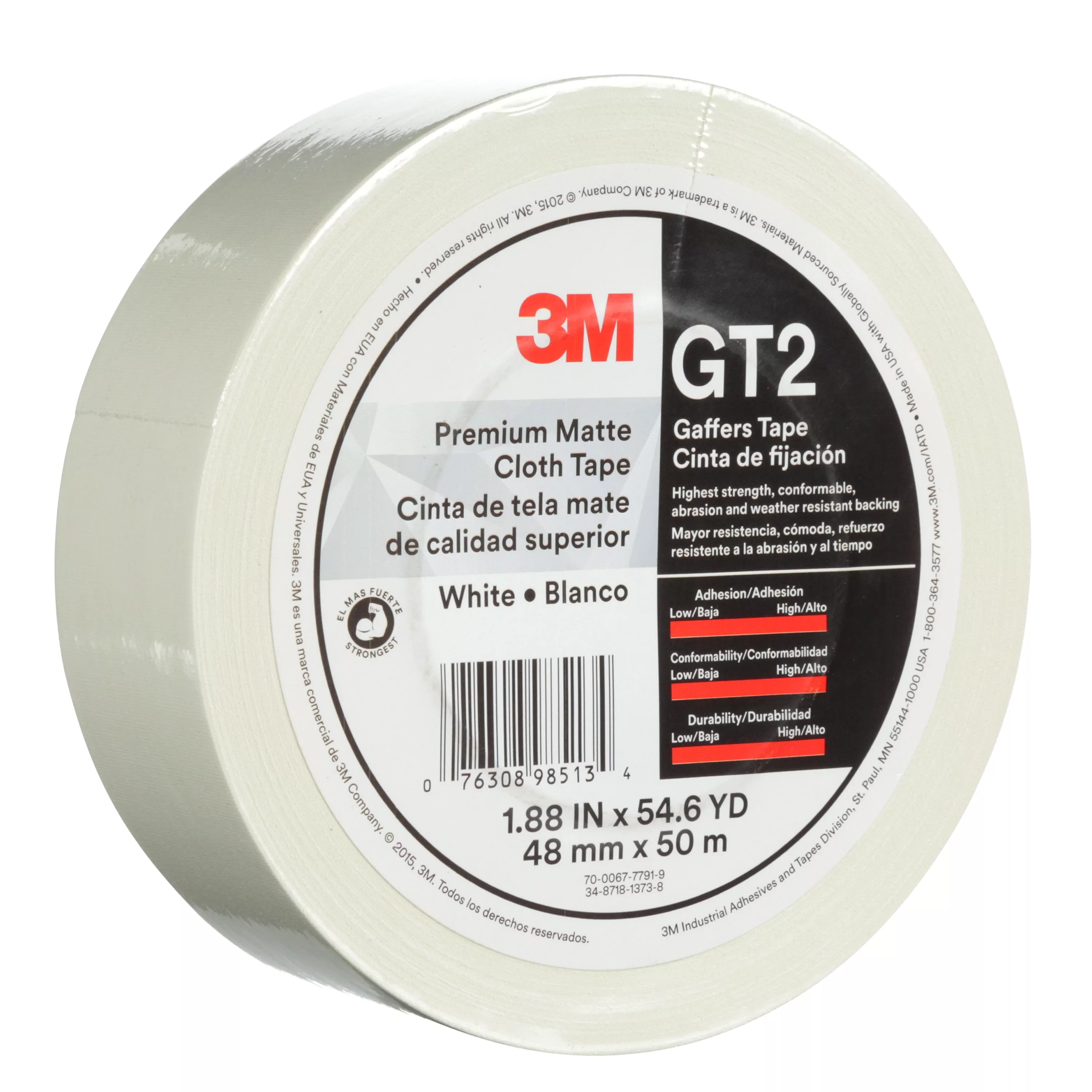3M™ Premium Matte Cloth (Gaffers) Tape GT2, White, 48 mm x 50 m 11 mil,
24/Case