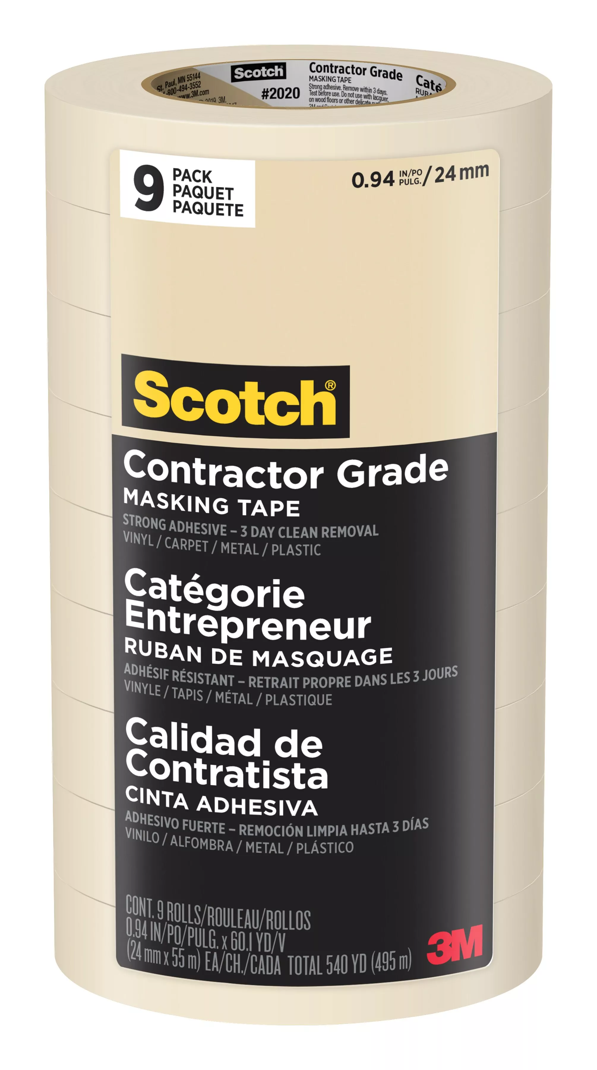 Scotch® Contractor Grade Masking Tape 2020-24AP9, 0.94 in x 60.1 yd (24mm x 55m), 9 rolls/pack
