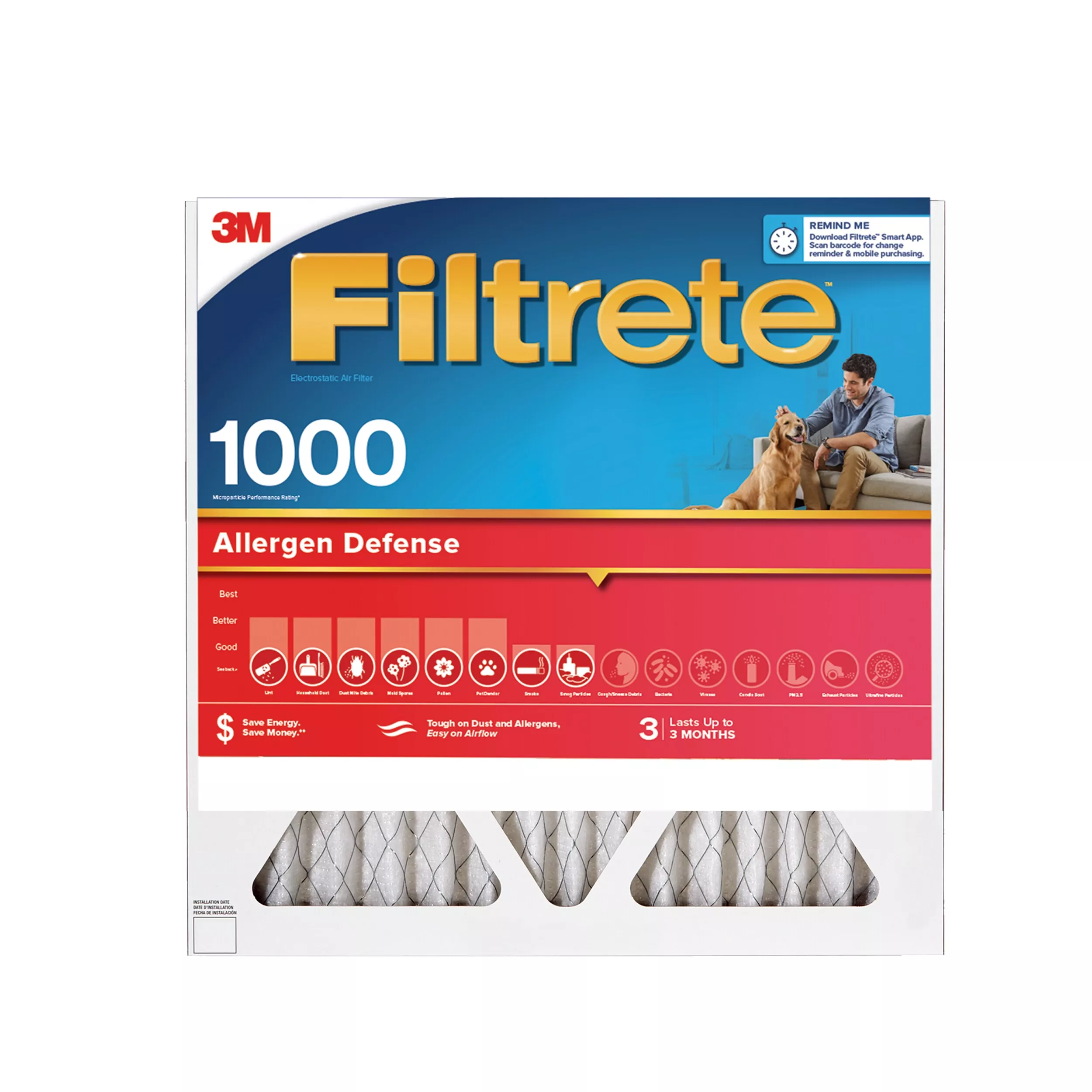 Filtrete™ Allergen Defense Air Filter, 1000 MPR, 9802-2PK-HDW, 20 in x
20 in x 1 in (50,8 cm x 50,8 cm x 2,5 cm)