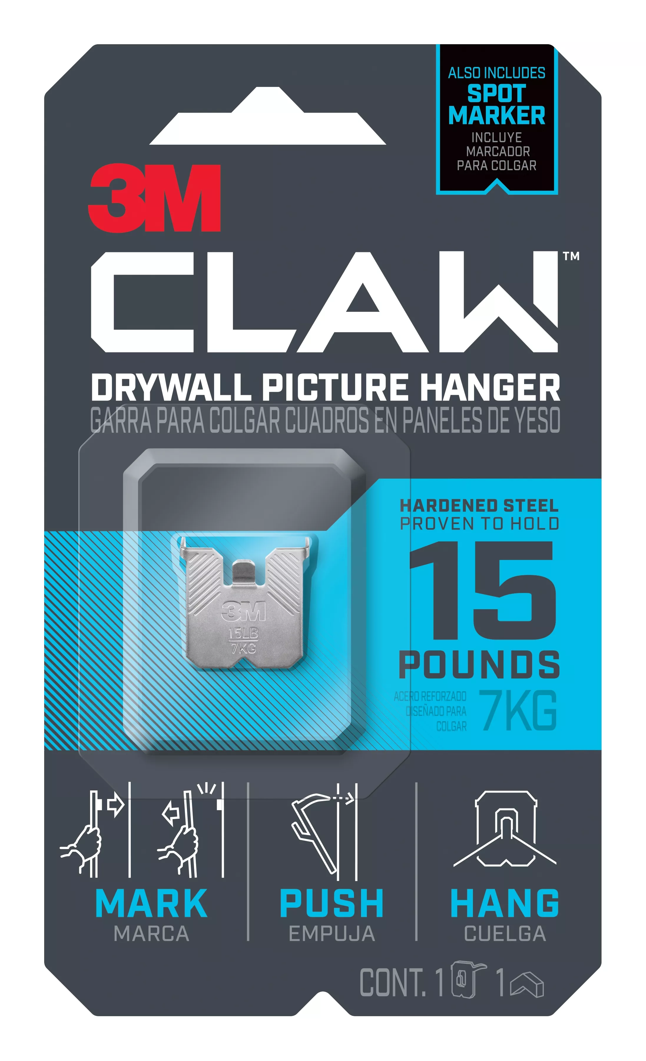 3M CLAW™ Drywall Picture Hanger 15 lb with Temporary Spot Marker 3PH15M-1EF, 1 hanger, 1 marker
