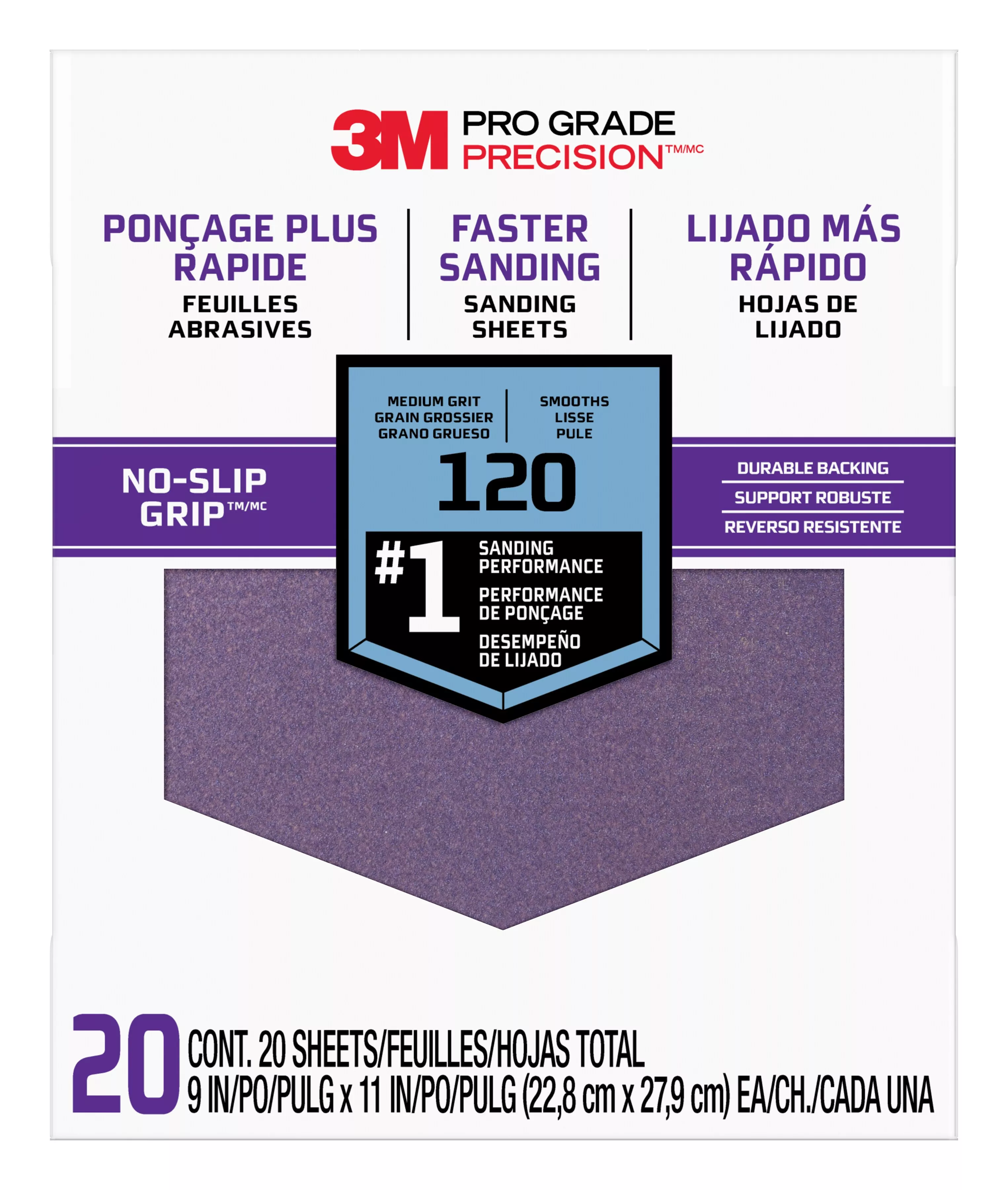 3M™ Pro Grade Precision™ Faster Sanding Sanding Sheets 120 grit Medium,
27120TRI-20, 9 in x 11 in, 20/pk