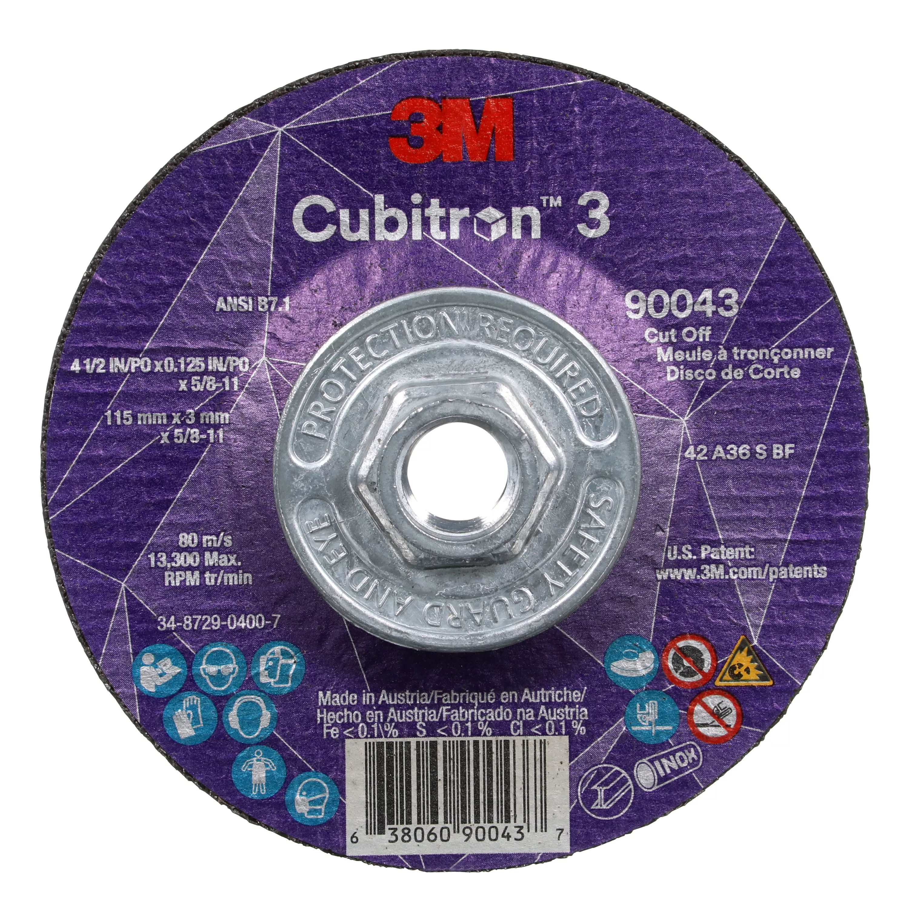 3M™ Cubitron™ 3 Cut-Off Wheel, 90043, 36+, T27, 4-1/2 in x 0.125 in x
5/8 in-11 (115 x 3 mm x 5/8-11 in), ANSI, 10 ea/Case