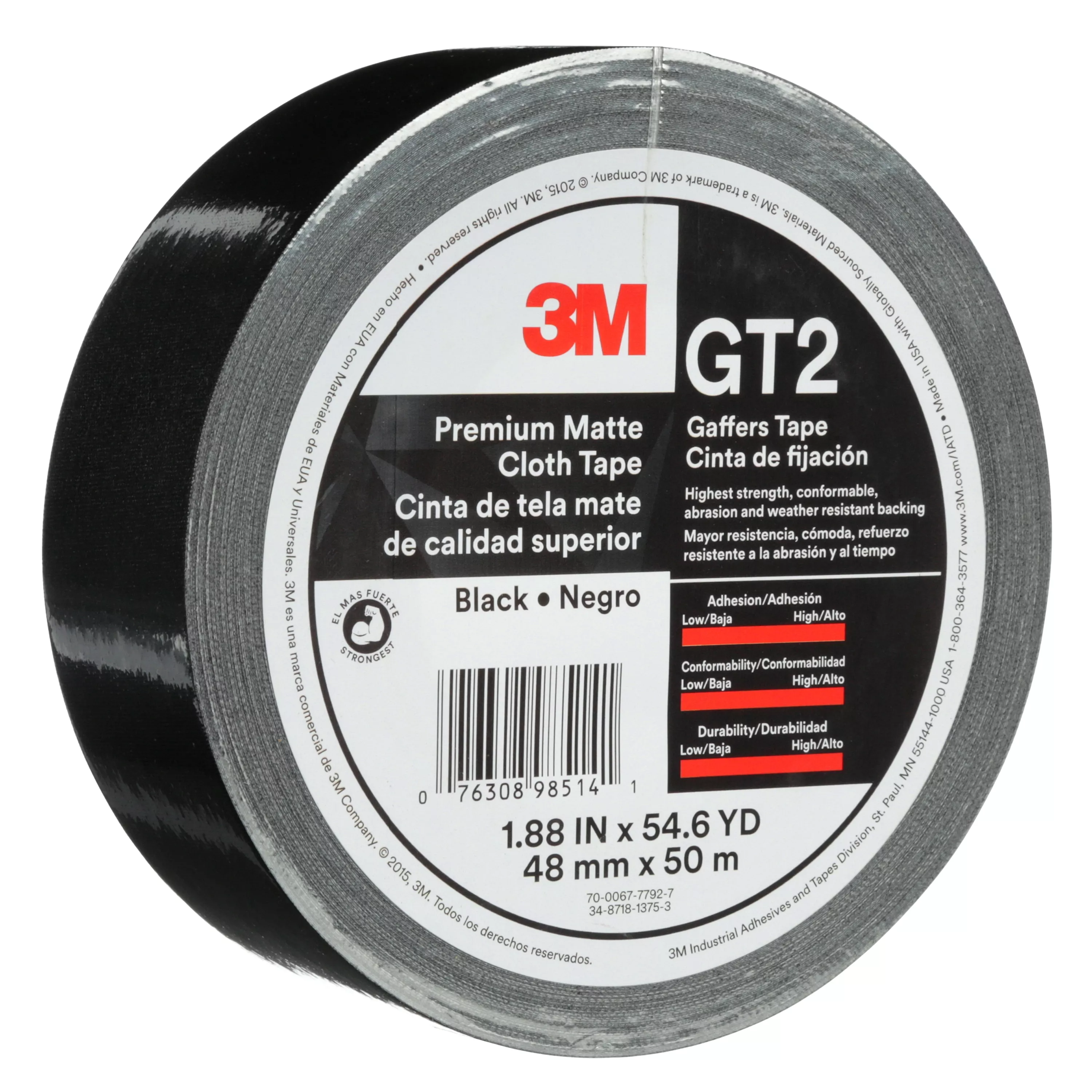 3M™ Premium Matte Cloth (Gaffers) Tape GT2, Black, 48 mm x 50 m, 11 mil,
24/Case