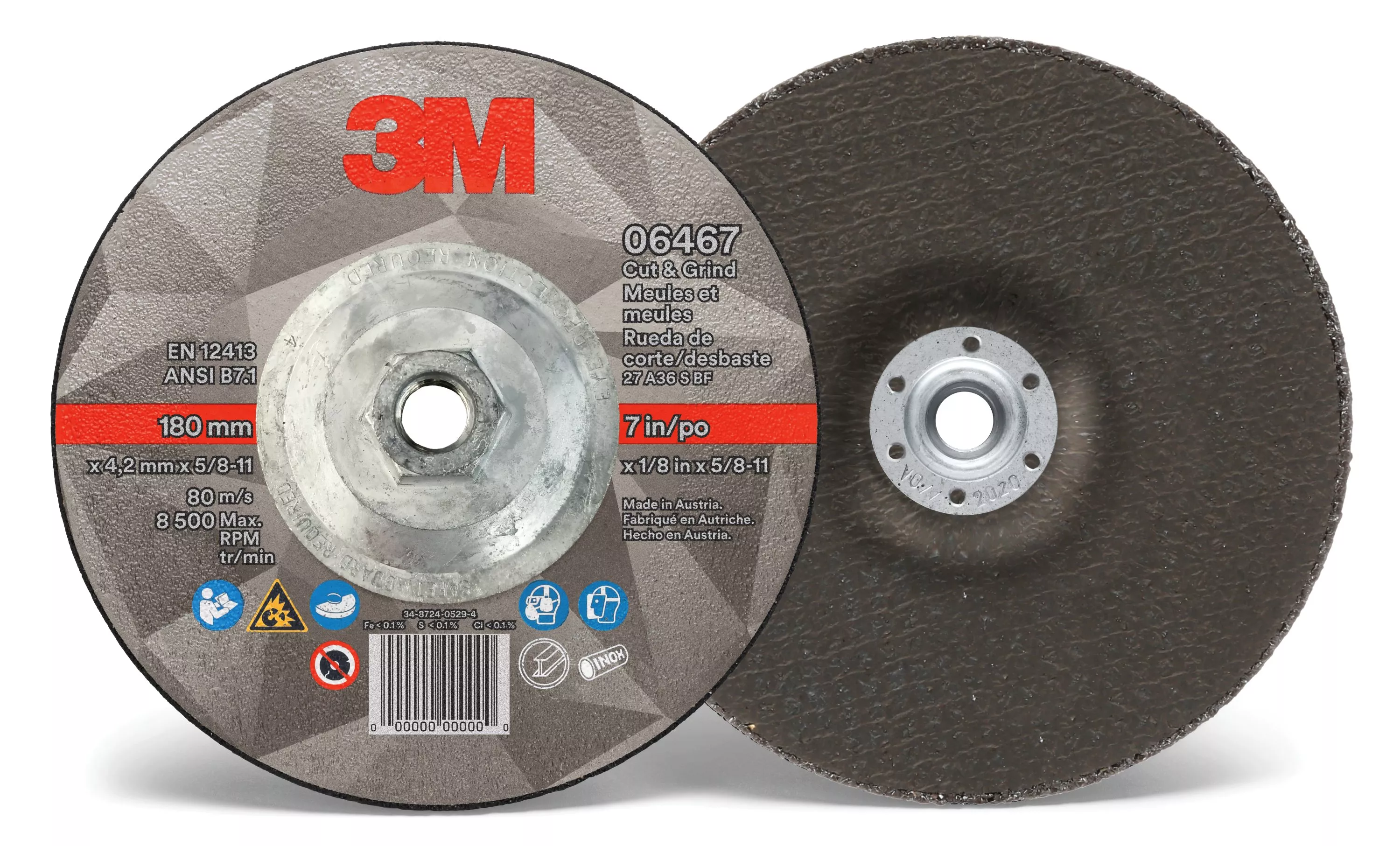 3M™ Cut & Grind Wheel, 06467, T27, 7 in x 1/8 in x 5/8 in-11, Quick
Change, 10/Carton, 20 ea/Case