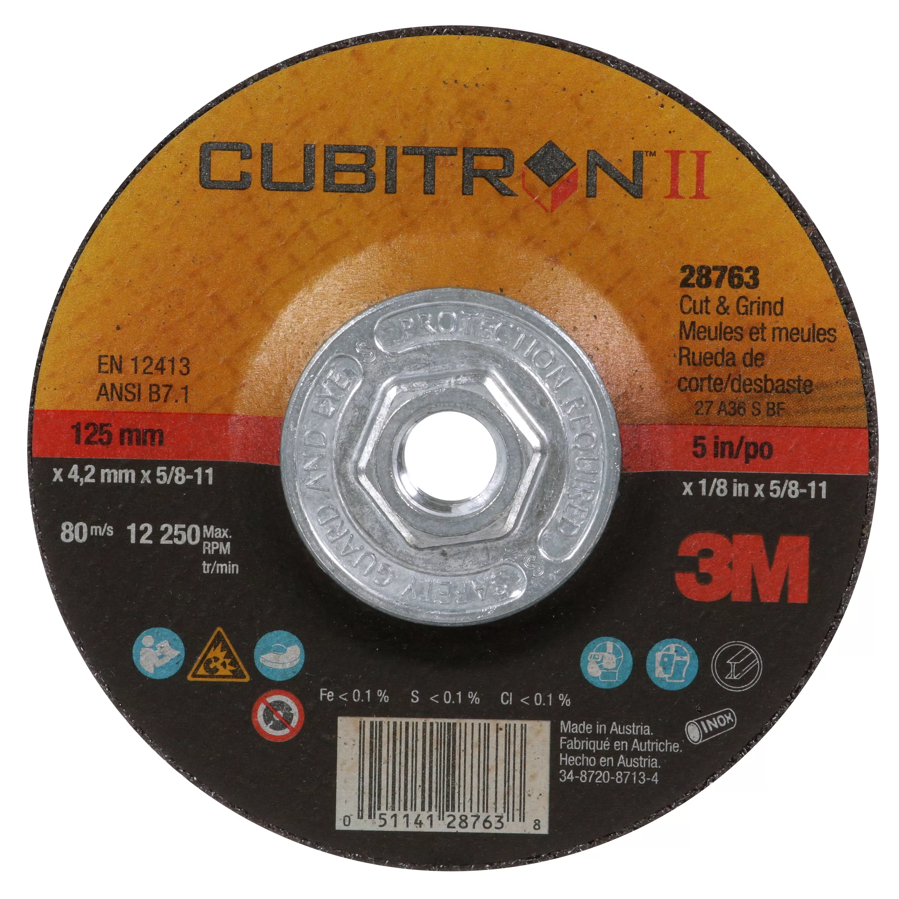 3M™ Cubitron™ II Cut and Grind Wheel, 28763, Type 27 Quick Change, 5 in
x 1/8 in x 5/8 in-11, 10/Carton, 20 ea/Case