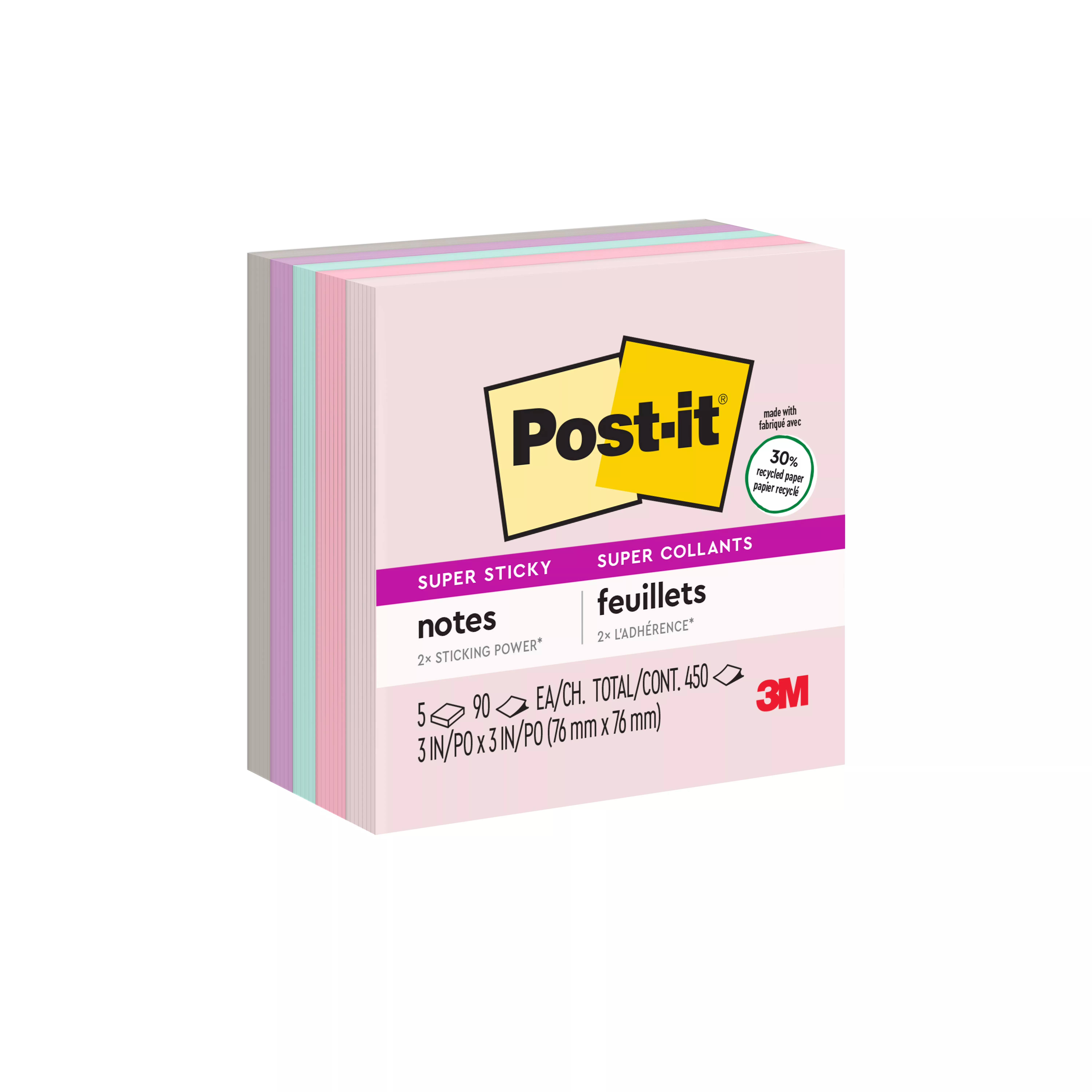 Post-it® Super Sticky Recycled Notes 654-5SSNRP, 3 in x 3 in (76 mm x 76 mm), Bali Colors