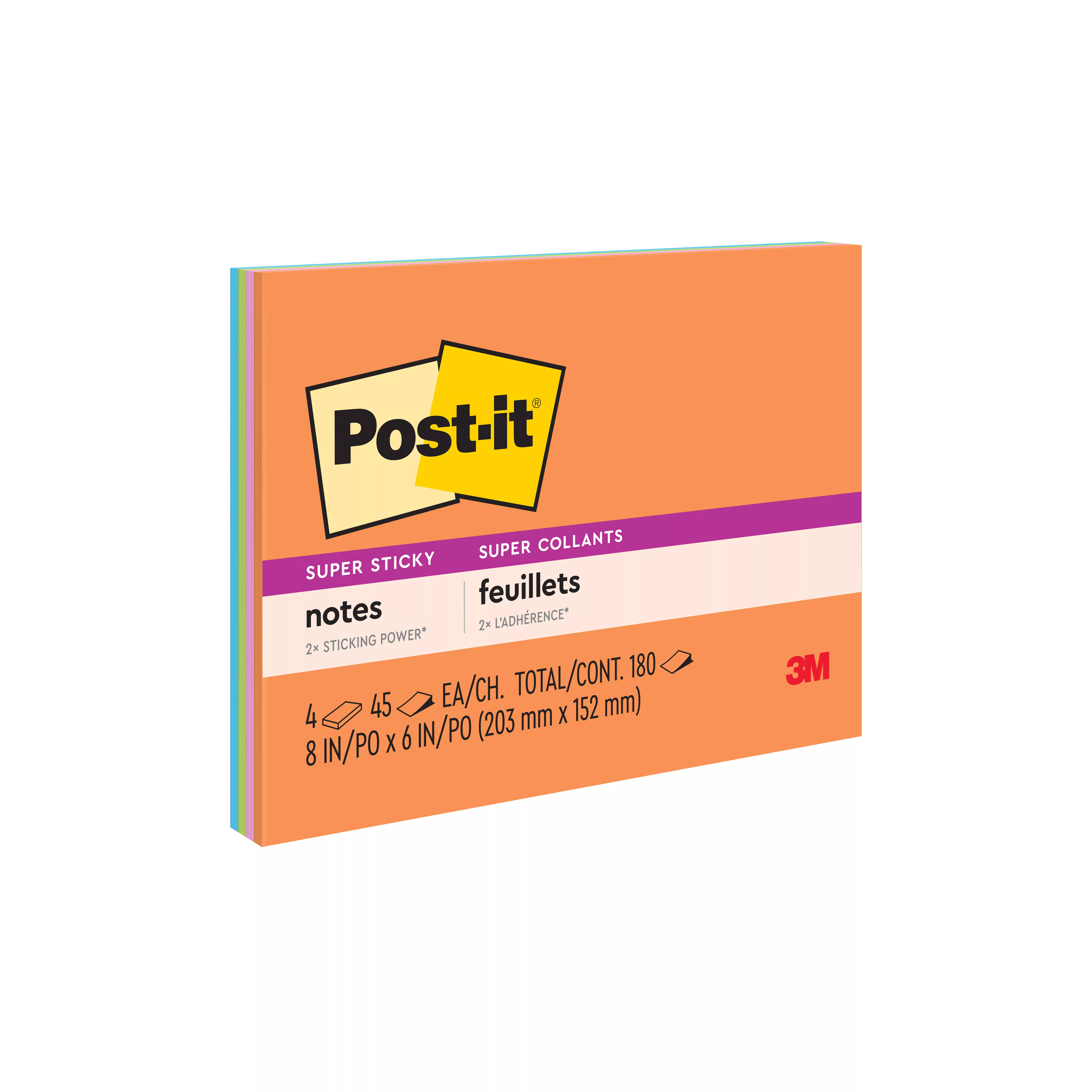 Post-it® Super Sticky Notes 6845-SSP, 8 in x 6 in (203 mm x 152 mm), Energy Boost Collection, 4 Pads/Pack