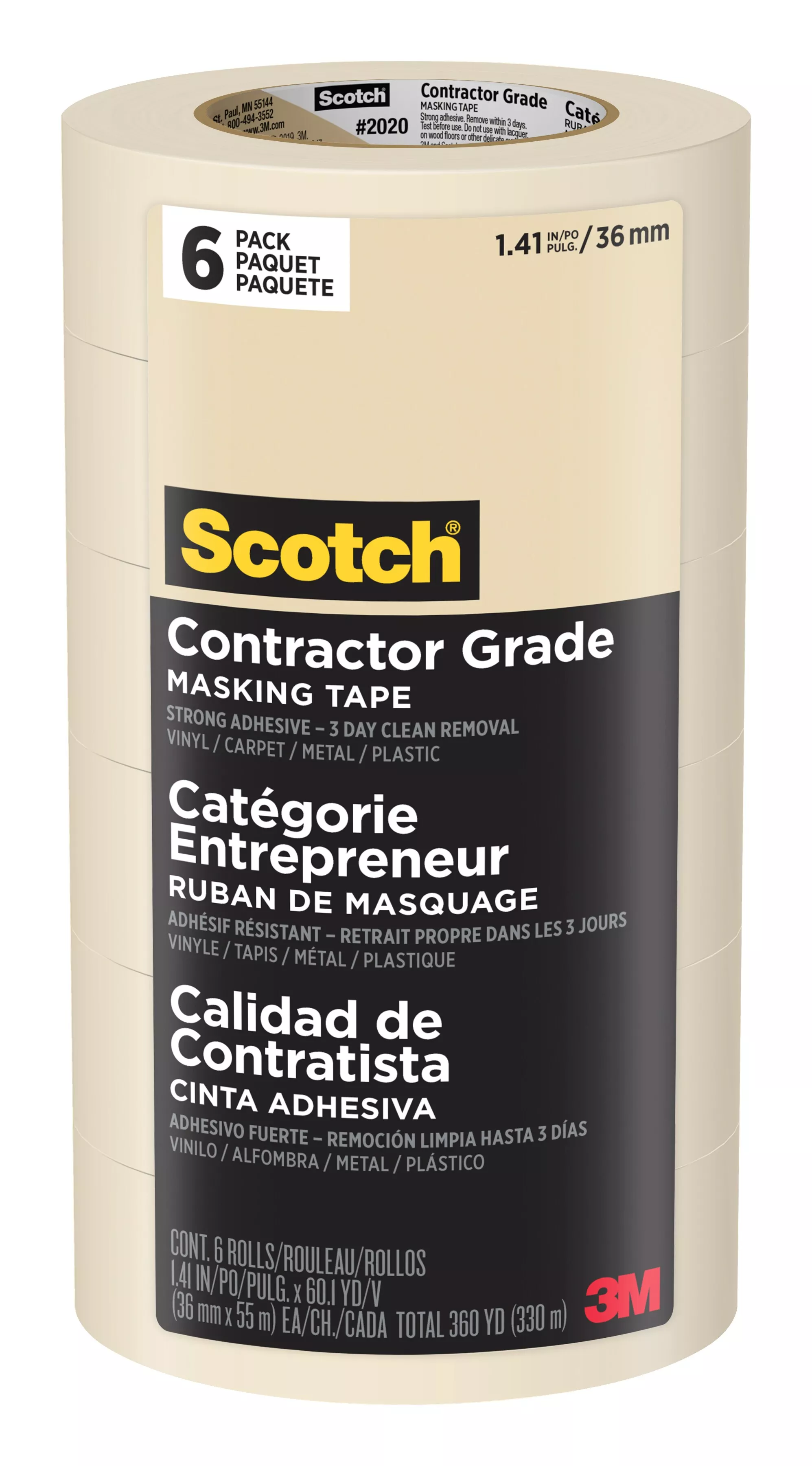 Scotch® Contractor Grade Masking Tape 2020-36AP6, 1.41 in x 60.1 yd (36mm x 55m), 6 rolls/pack