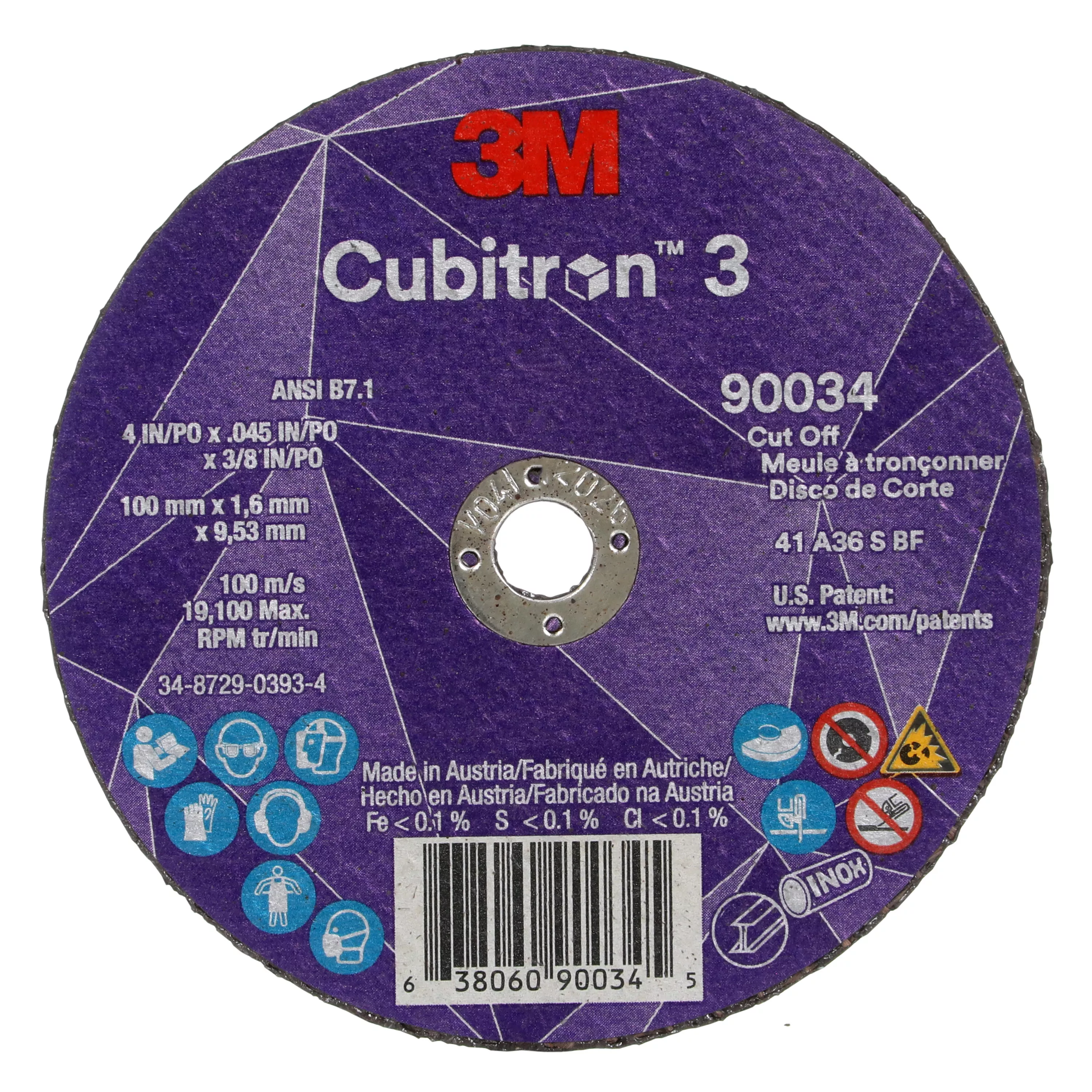 3M™ Cubitron™ 3 Cut-Off Wheel, 90034, 36+, T1, 4 in x 0.045 in x 3/8 in
(100 x 1.6 x 9.53 mm), ANSI, 25/Pack, 50 ea/Case