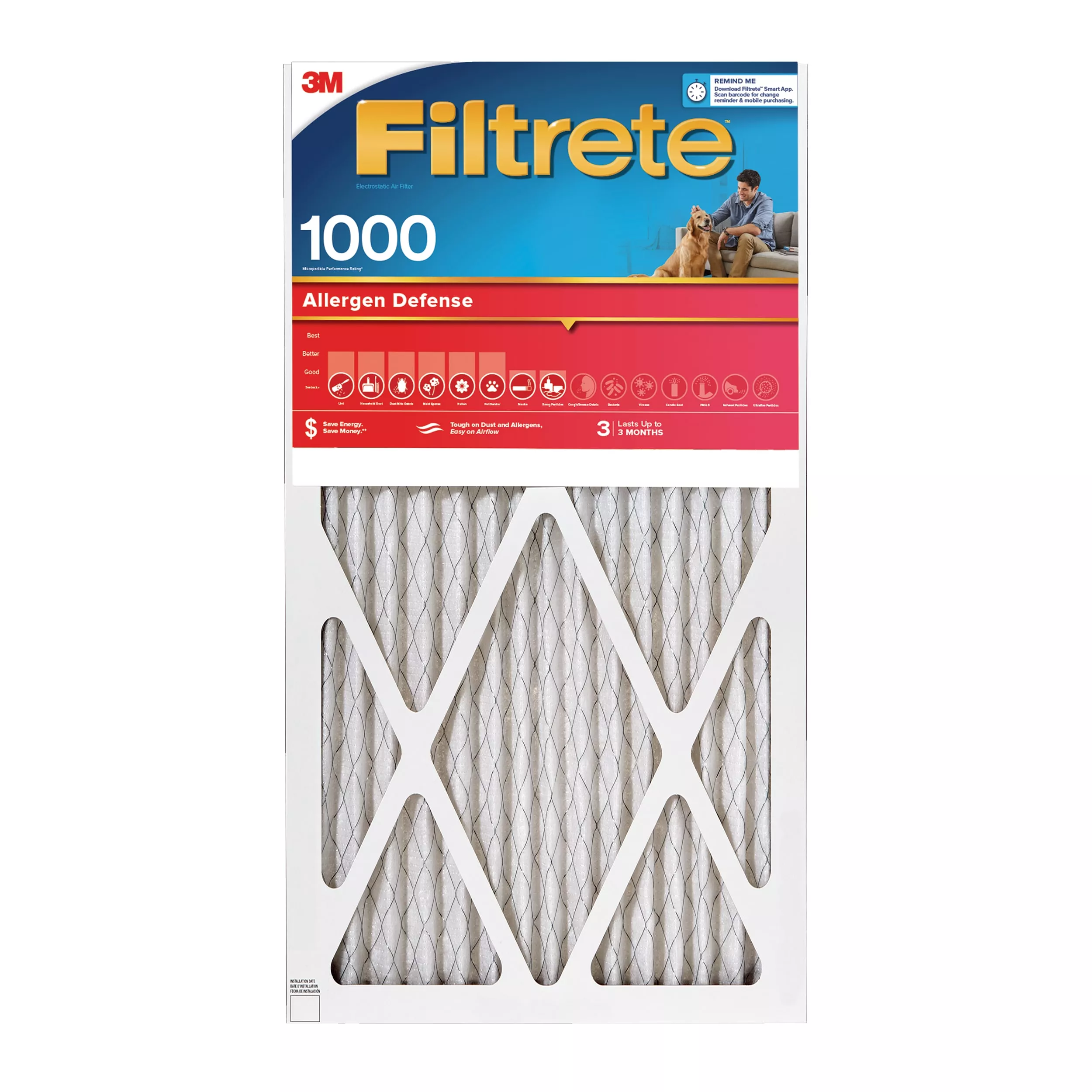 Filtrete™ Allergen Defense Air Filter, 1000 MPR, 9805-2PK-HDW, 14 in x
20 in x 1 in (35,5 cm x 50,8 cm x 2,5 cm)