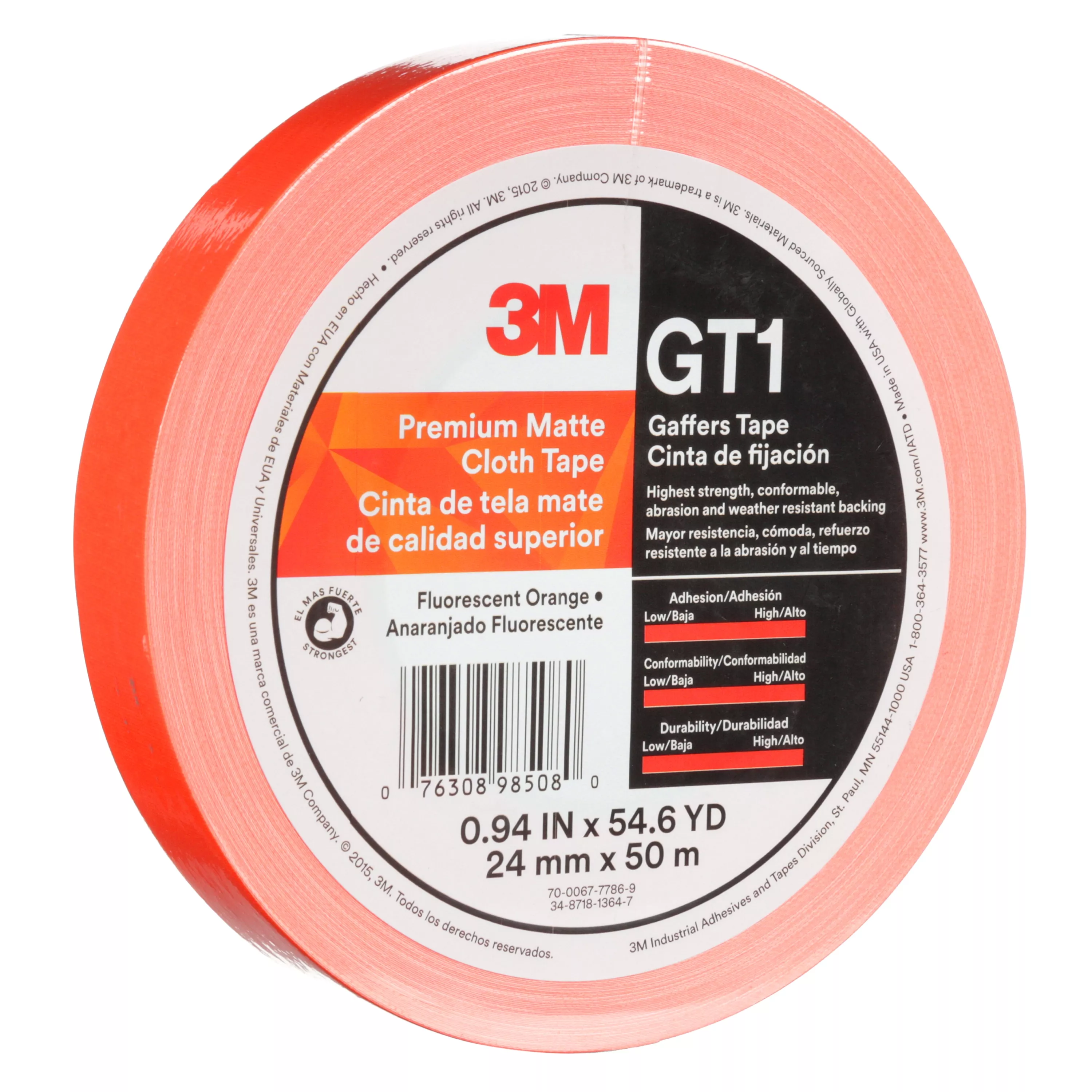 3M™ Premium Matte Cloth (Gaffers) Tape GT1, Fluorescent Orange, 24 mm x
50 m, 11 mil, 48/Case