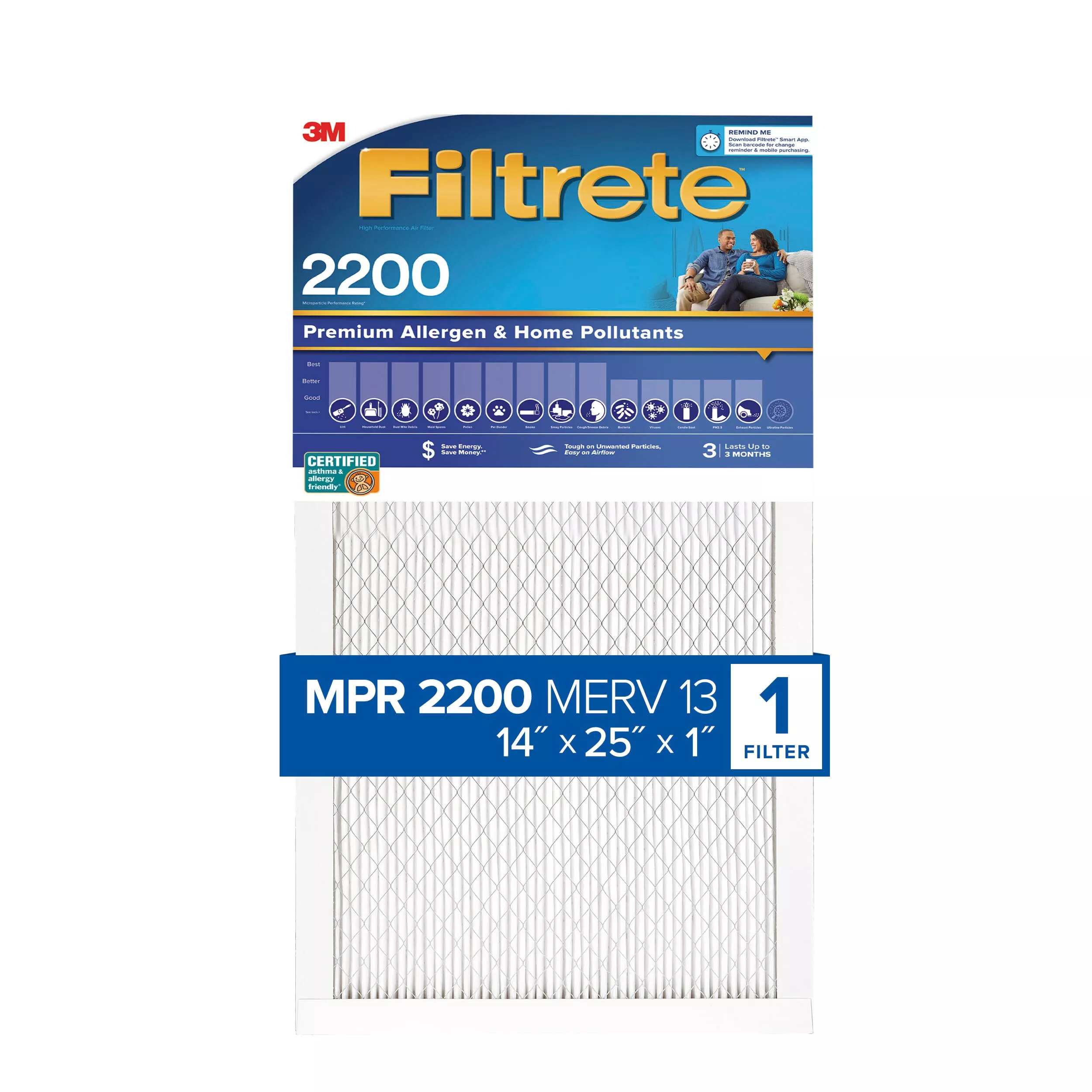 Filtrete™ High Performance Air Filter 2200 MPR EA04-4, 14 in x 25 in x 1 in (35.5 cm x 63.5 cm x 2.5 cm)
