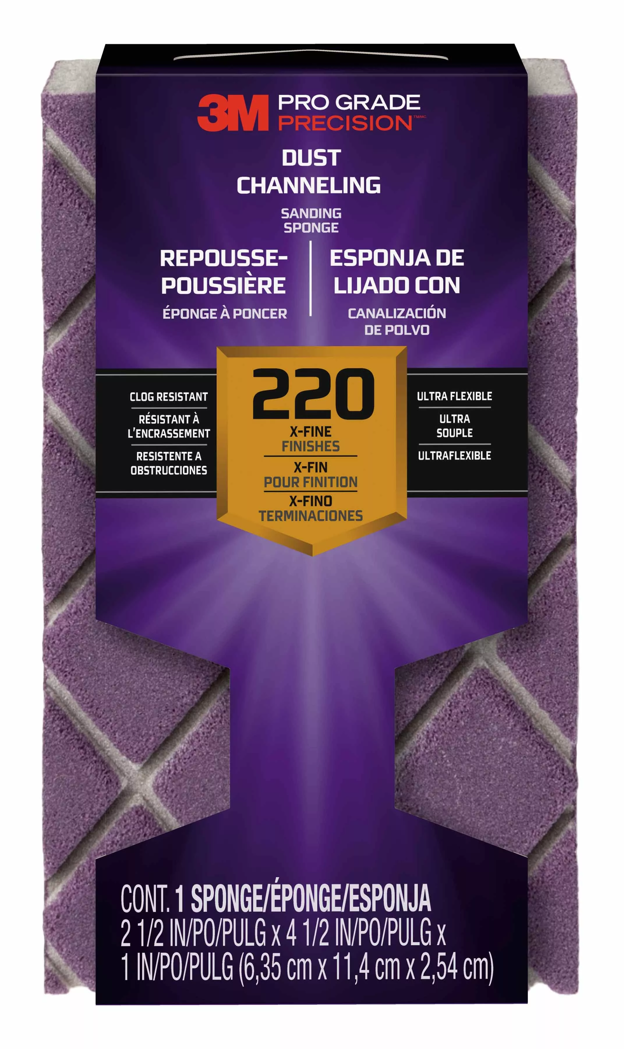 3M™ Pro Grade Precision™ Dust Channeling Block Sanding Sponge 220 grit
Extra Fine, 2504TRI-220-CH, 4.5 in x 2.5 in x 1 in, 12/cs