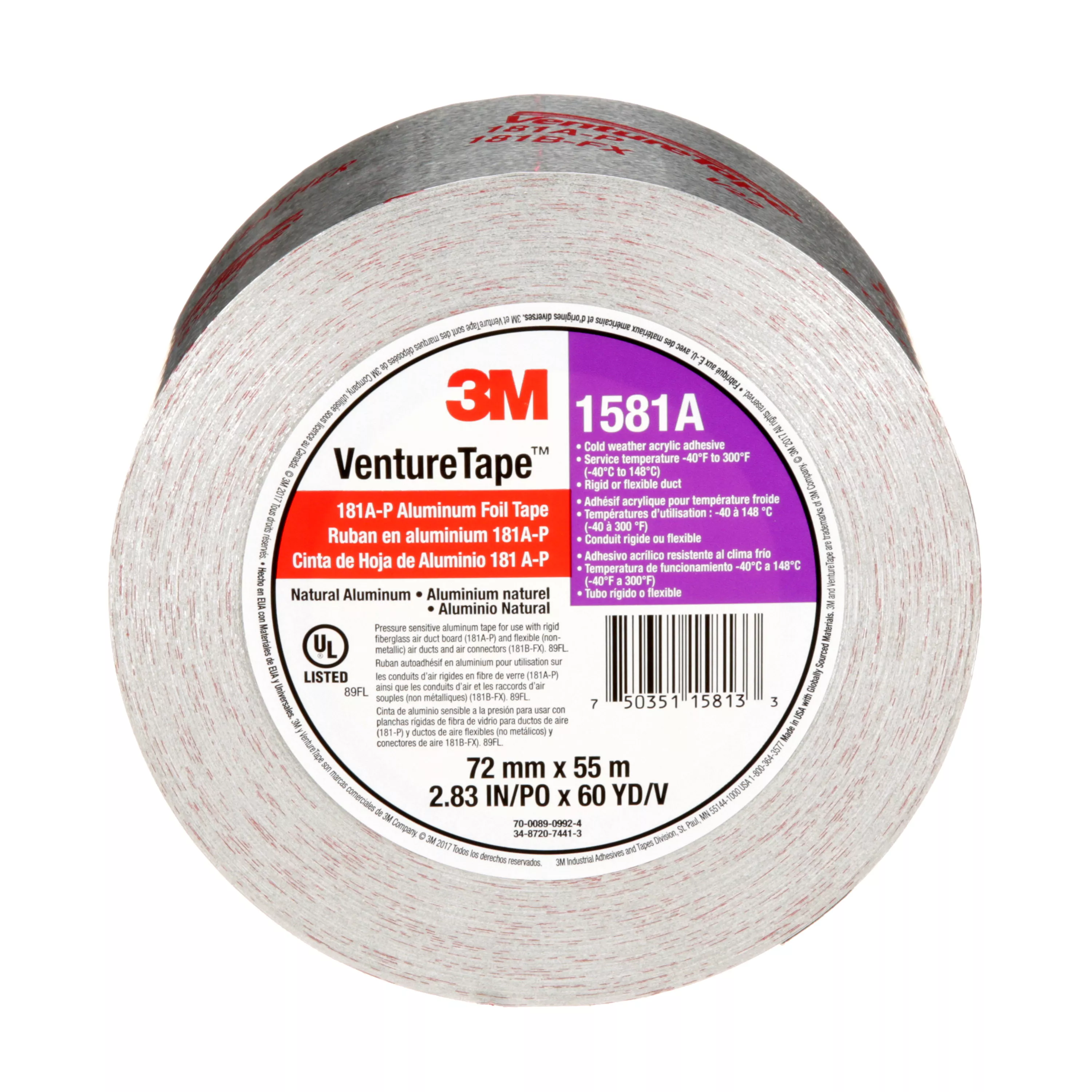 3M™ Venture Tape™ UL181A-P Aluminum Foil Tape 1581A, Silver, 72 mm x 55
m, 2 mil, 16 Rolls/Case