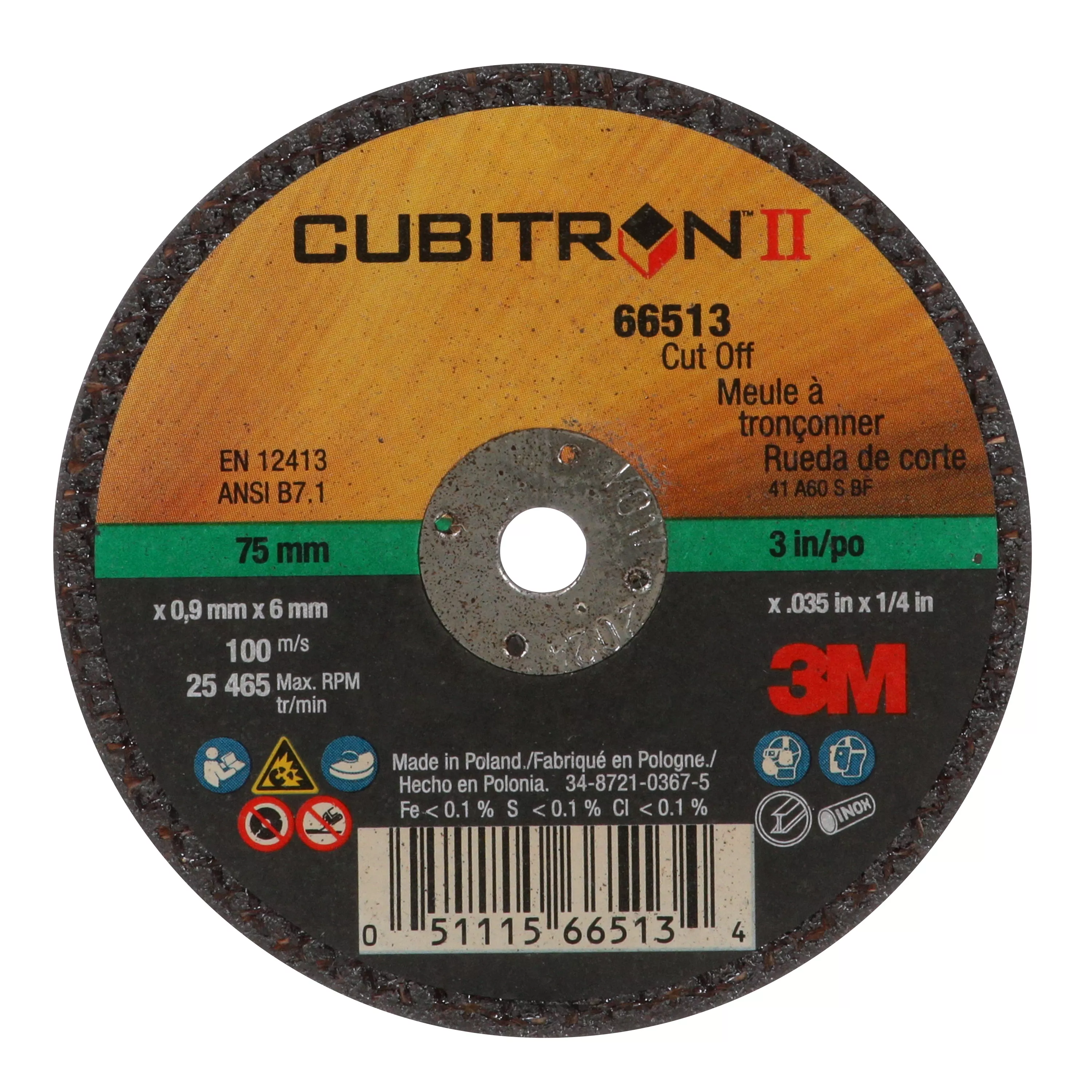 3M™ Cubitron™ II Cut-Off Wheel, 66513, 60, Type 1, 3 in x 0.035 in x 1/4 in, 25/Carton, 50 ea/Case