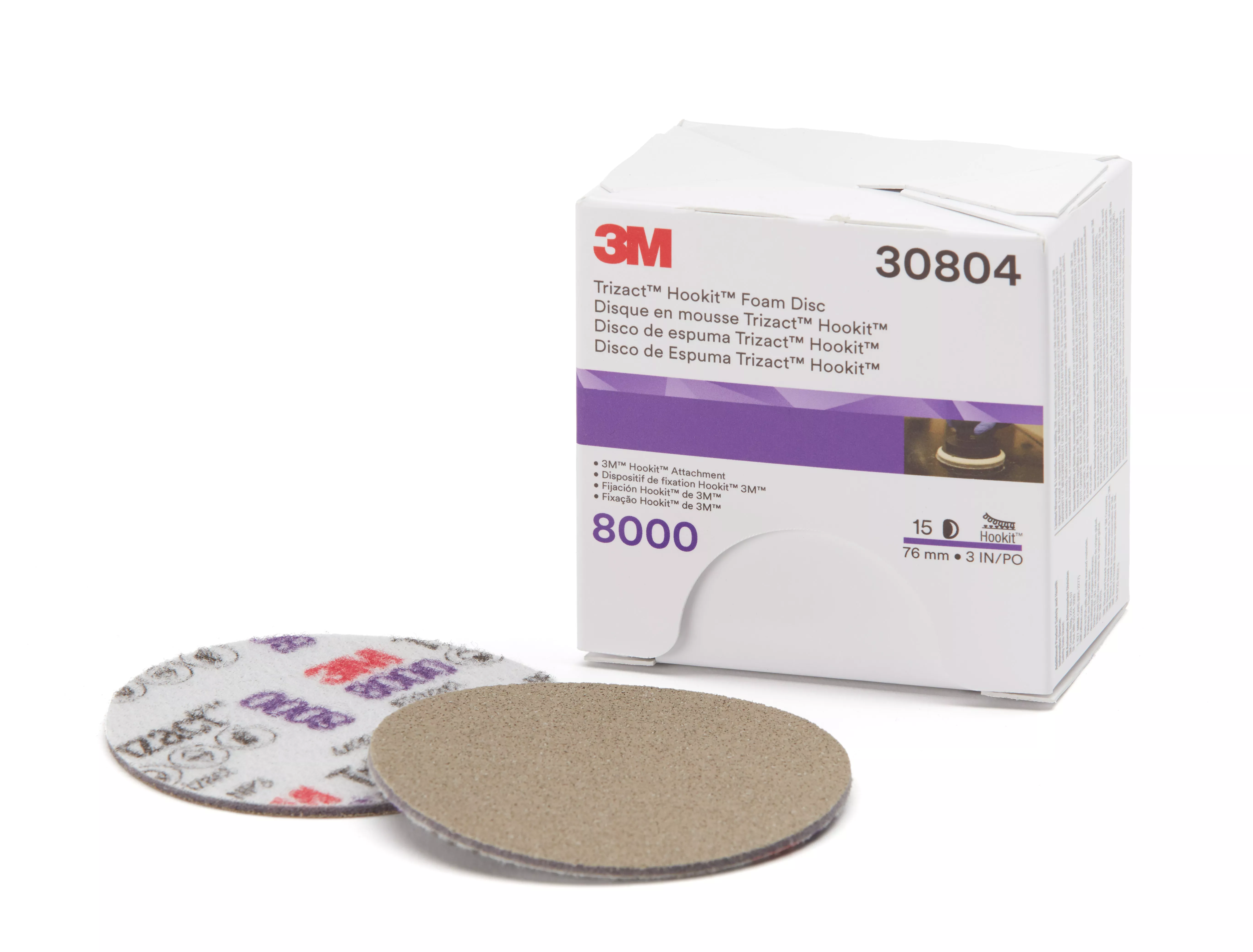 3M™ Trizact™ Hookit™ Foam Disc 30804, 8000, 3 in (76 mm), 15
Discs/Carton, 4 Cartons/Case