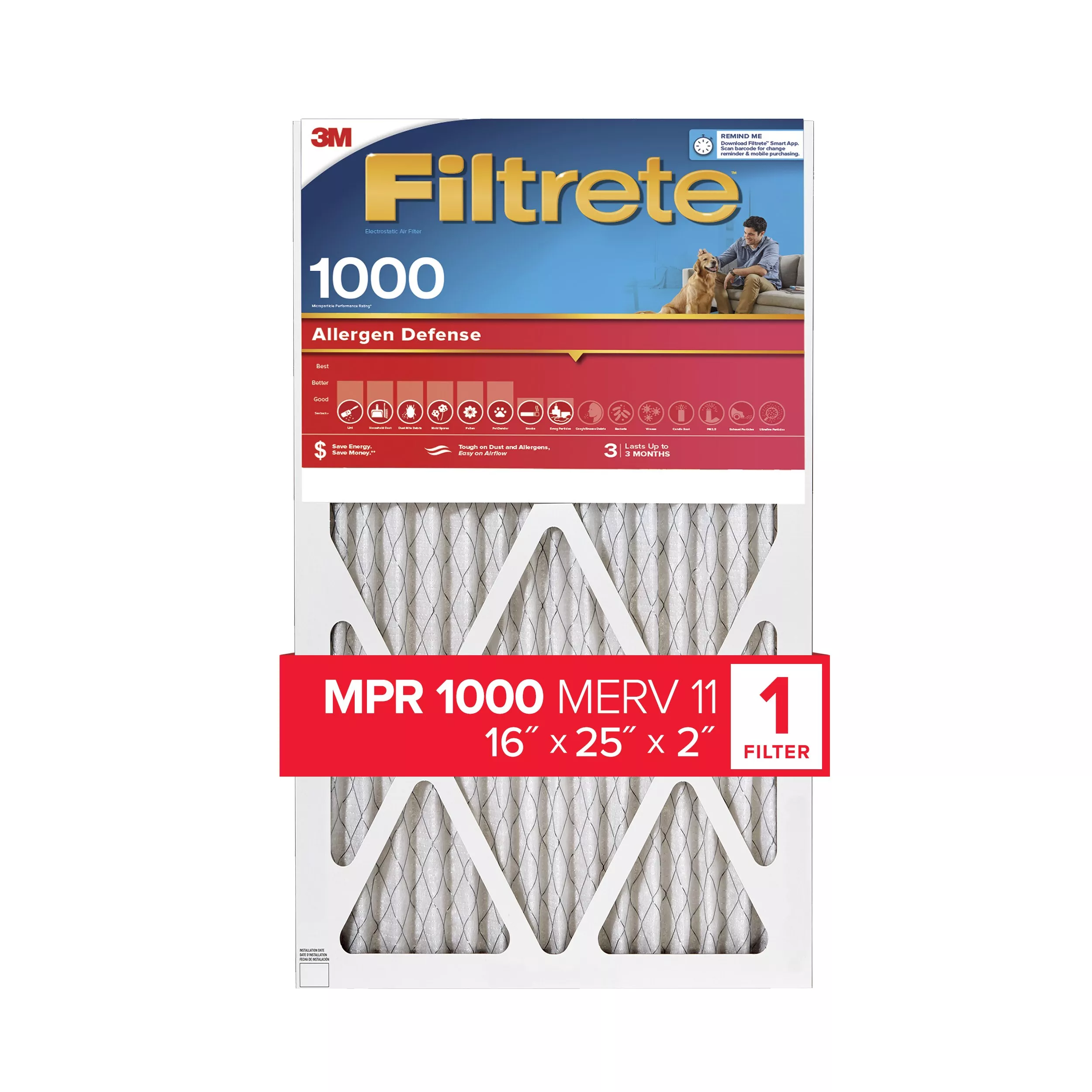 Filtrete™ Electrostatic Air Filter, 1000 MPR, NADP01-2IN-4, 16 in x 25 in x 2 in (40,6 cm x 63,5 cm x 5 cm)