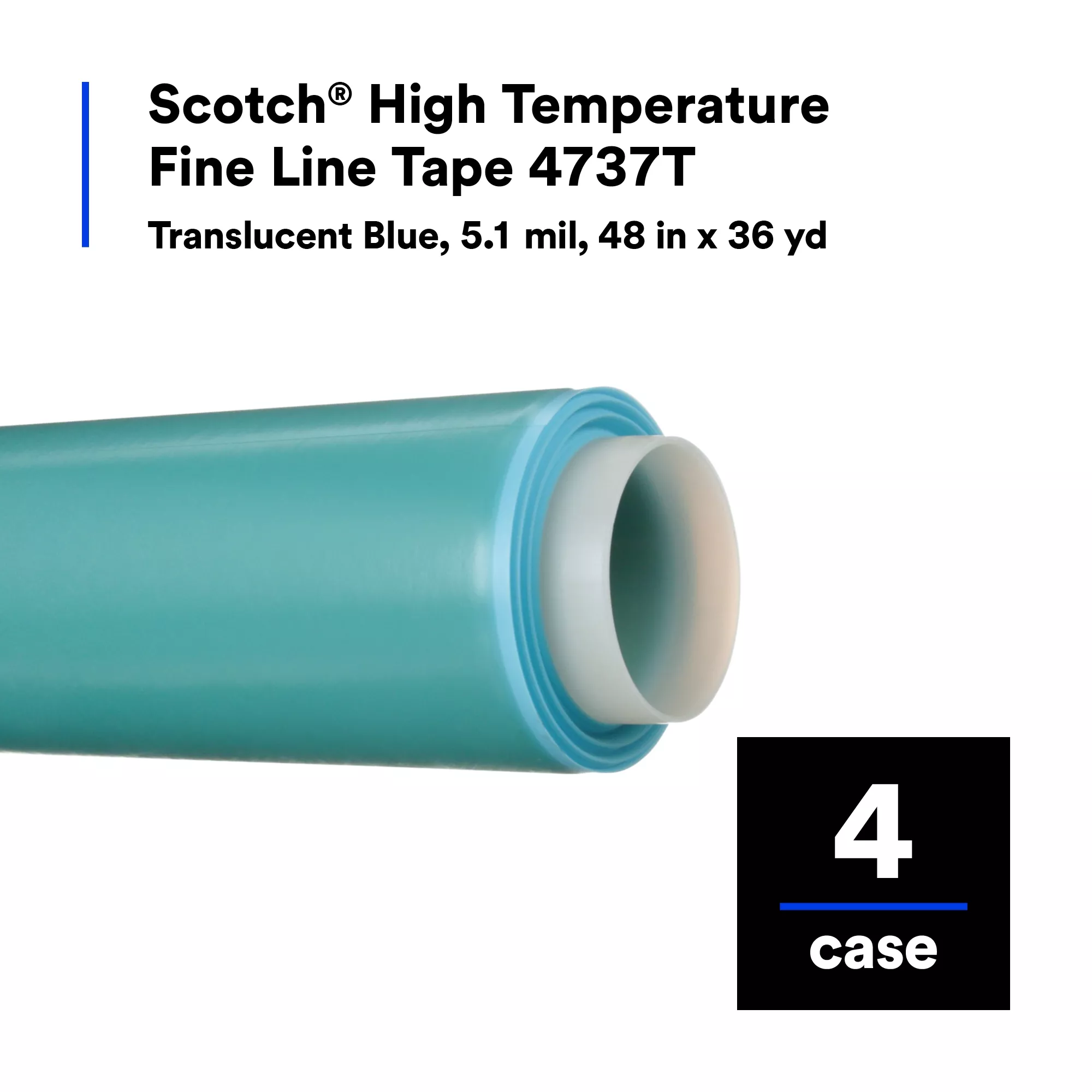 Scotch® High Temperature Fine Line Tape 4737T, Translucent Blue, 5.4
mil, 48 in x 36 yd, 4/Case