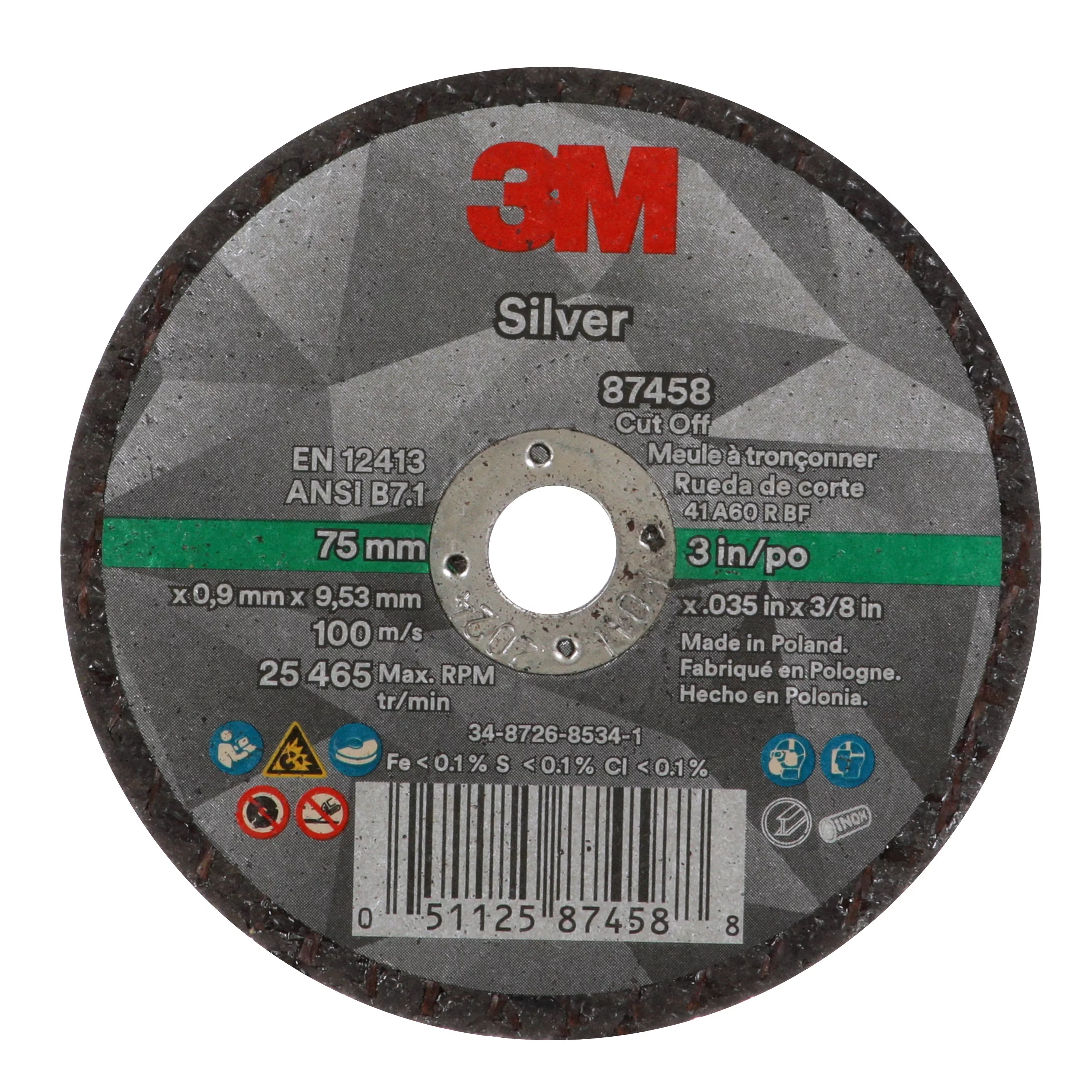3M™ Silver Cut-Off Wheel, 87458, T1, 3 in x .035 in x 3/8 in, 50 ea/Case