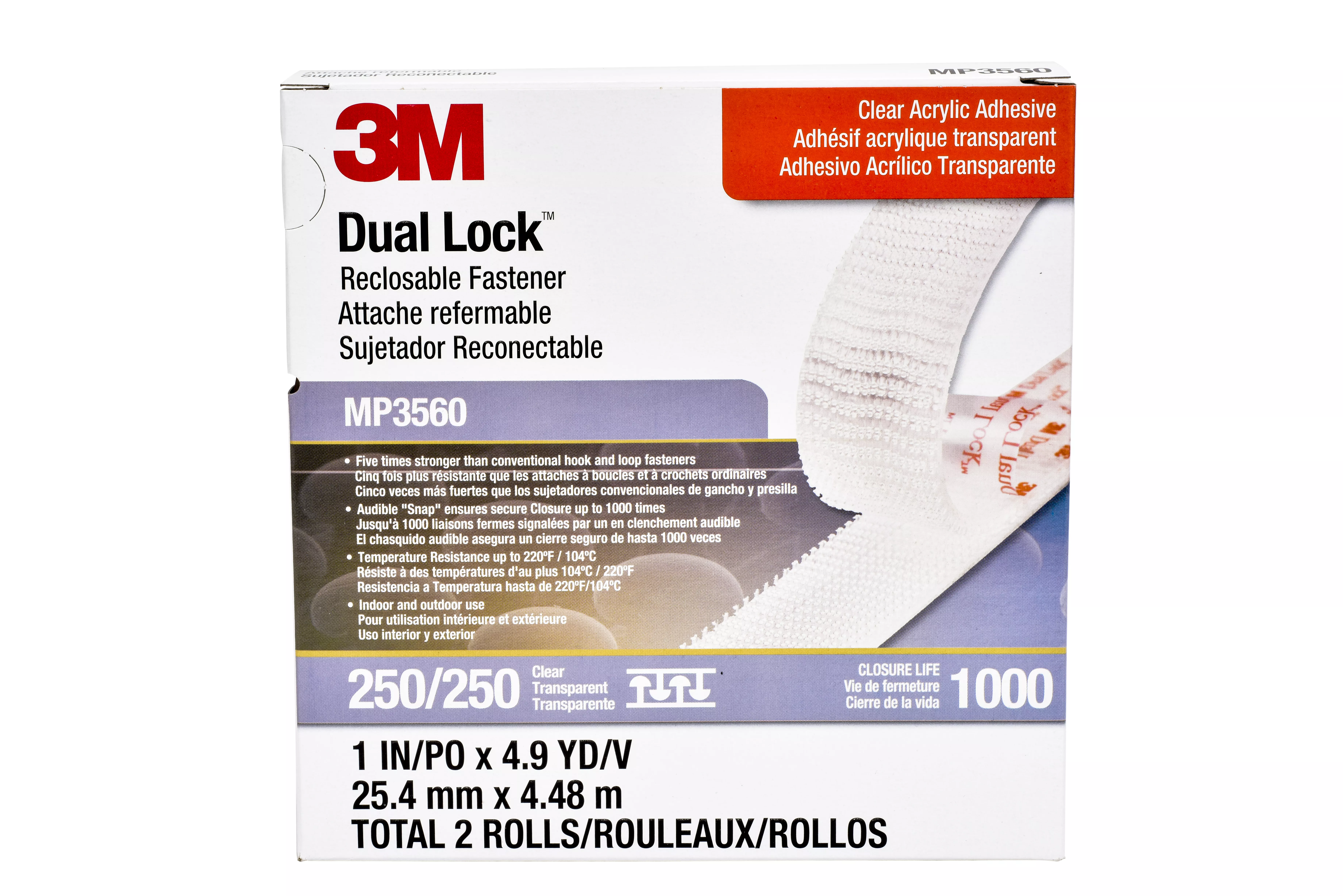 3M™ Dual Lock™ Reclosable Fastener MP3560, Clear, 1 in x 5 yd, Type 250,
5 Pack/Case