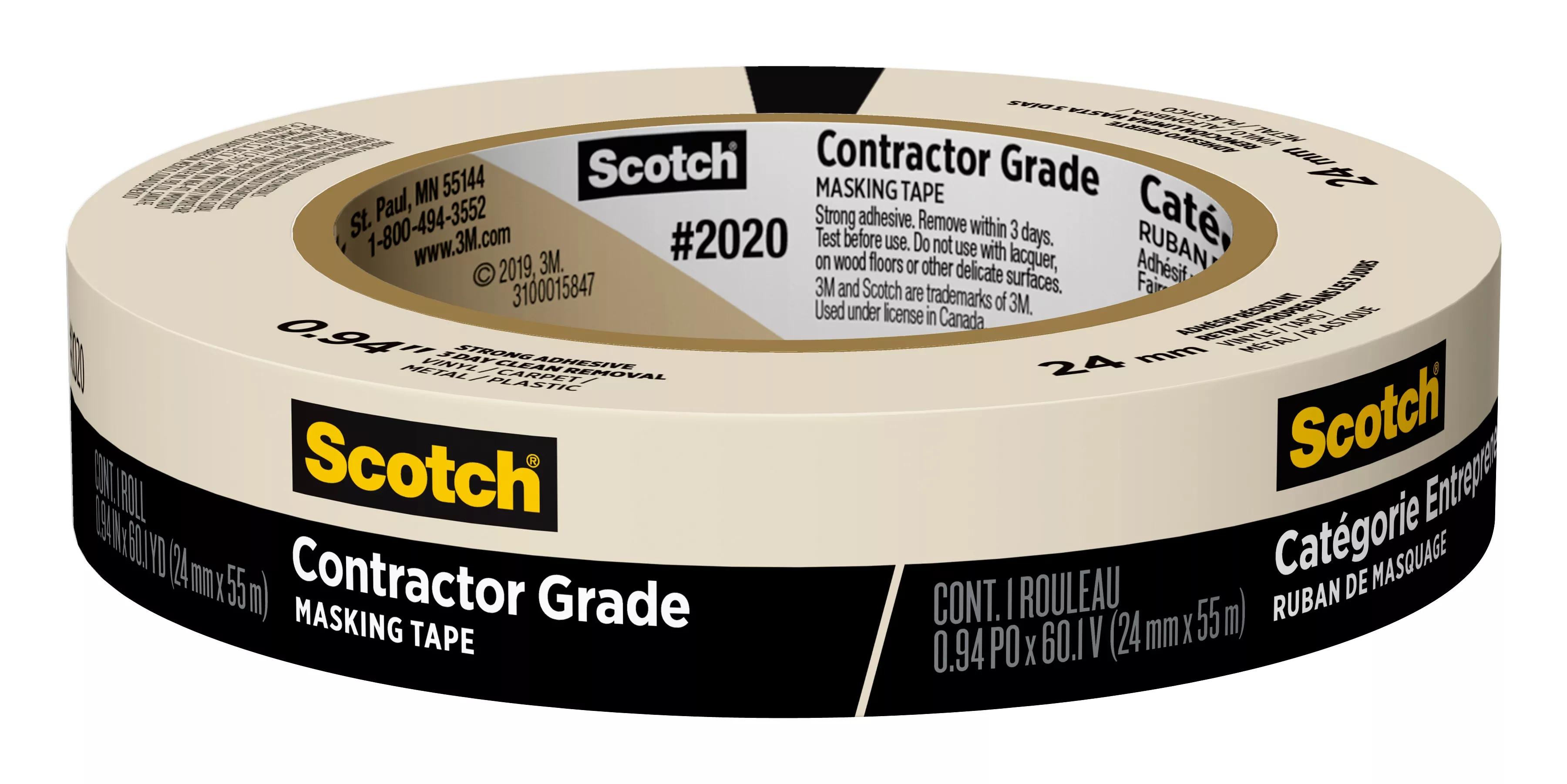 Scotch® Contractor Grade Masking Tape 2020-24AP, 0.94 in x 60.1 yd (24mm
x 55m)