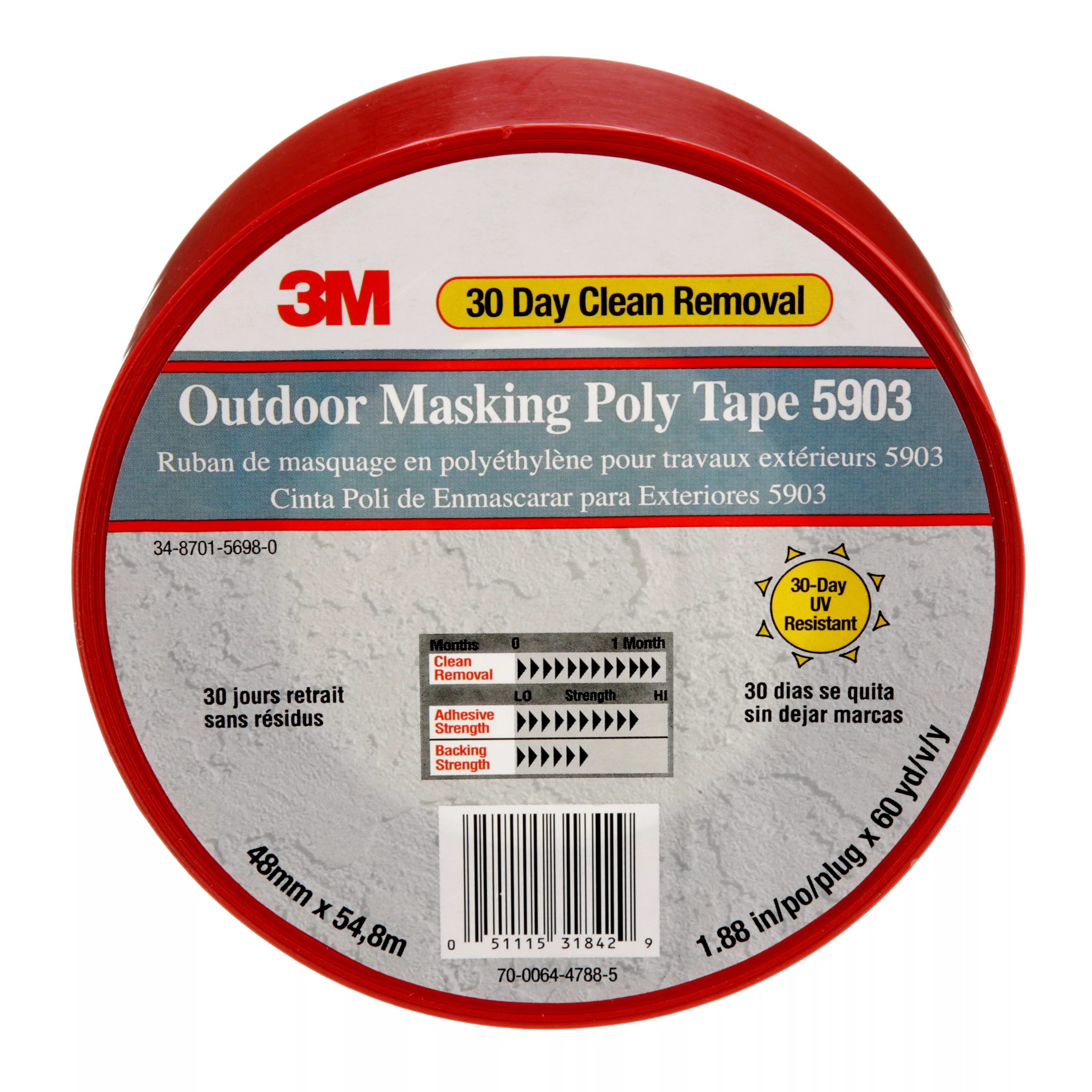 3M™ Outdoor Masking Poly Tape 5903, Red, 48 mm x 54.8 m, 7.5 mil, 24
Roll/Case, Individually Wrapped Conveniently Packaged