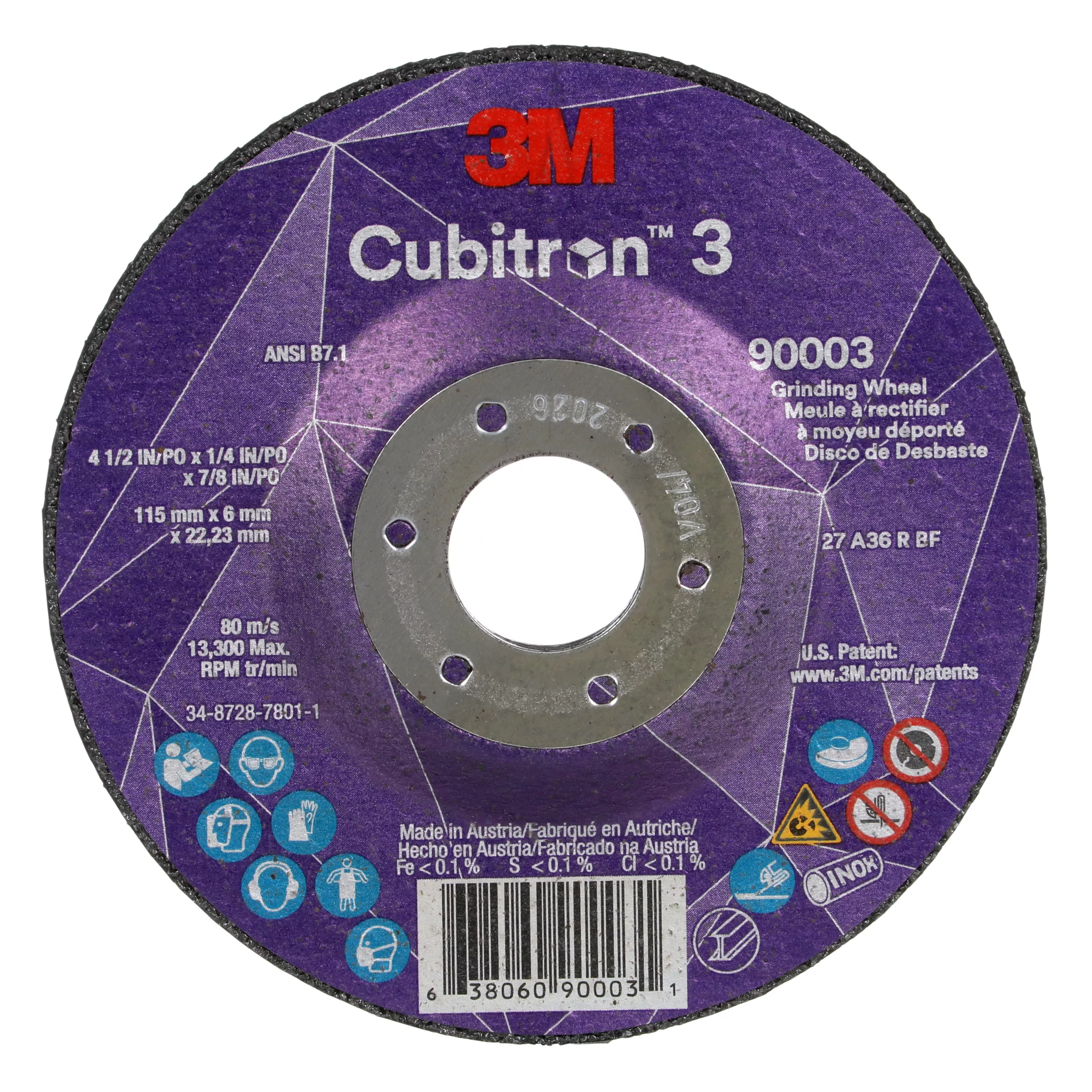 3M™ Cubitron™ 3 Depressed Center Grinding Wheel, 90003, 36+, T27, 4-1/2
in x 1/4 in x7/8 in (11x6x22.23) ANSI, 10/Pack, 20 ea/Case