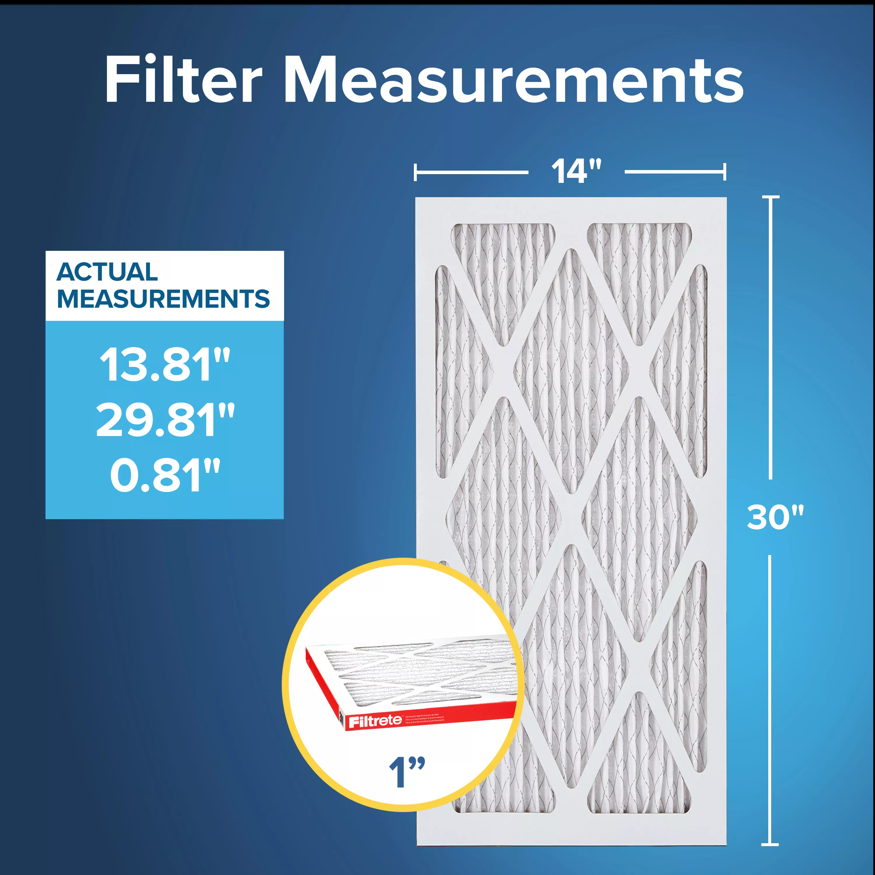 Filtrete™ Allergen Defense Air Filter, 1000 MPR, 9824-2PK-HDW, 14 in x
30 in x 1 in (35,5 cm x 76,2 cm x 2,5 cm)