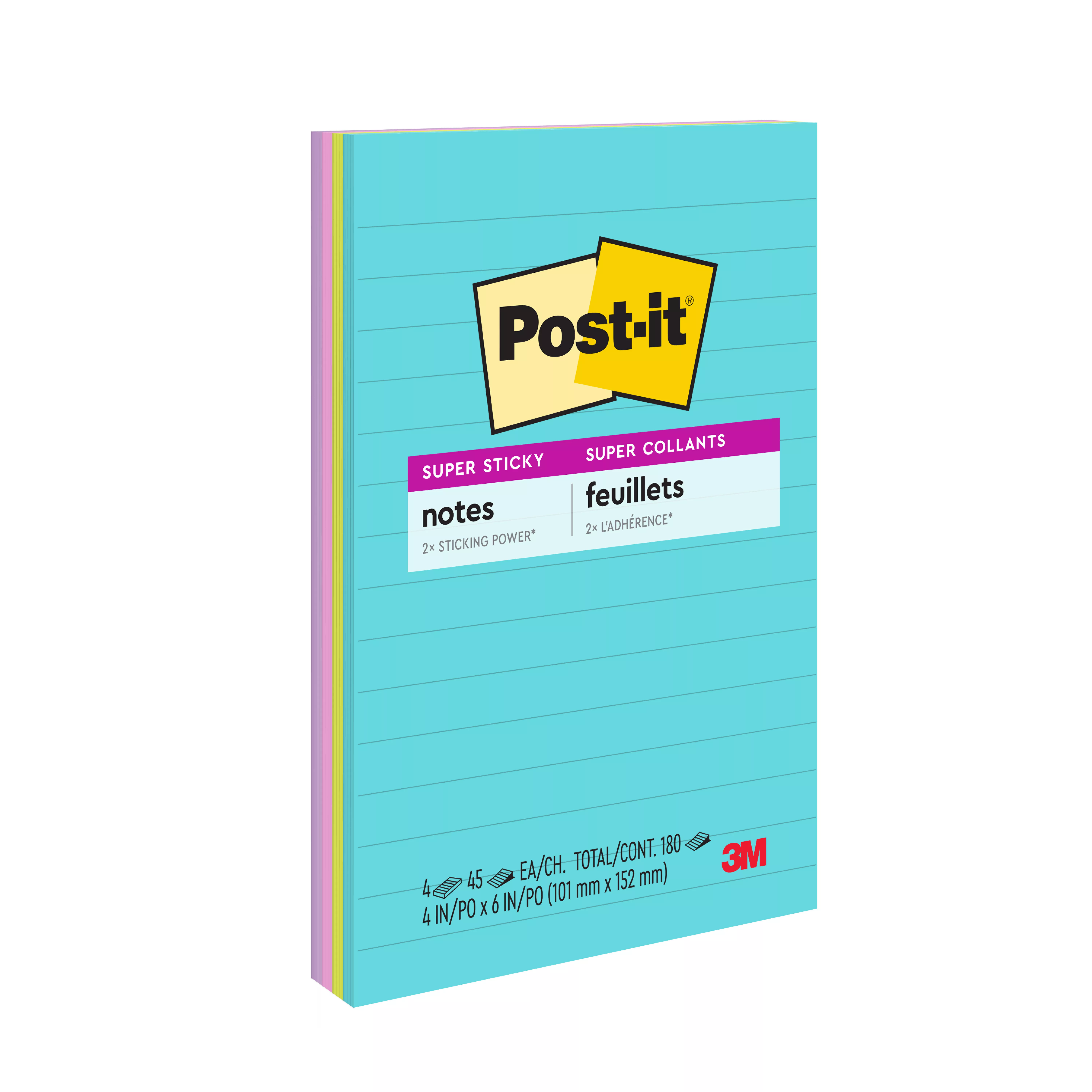 Post-it® Super Sticky Notes 4621-4SSMIA, 4 in x 6 in (101 mm x 152 mm), Supernova Neons Collection, 4 Pads/Pack,45 Sheets/Pad,Lined