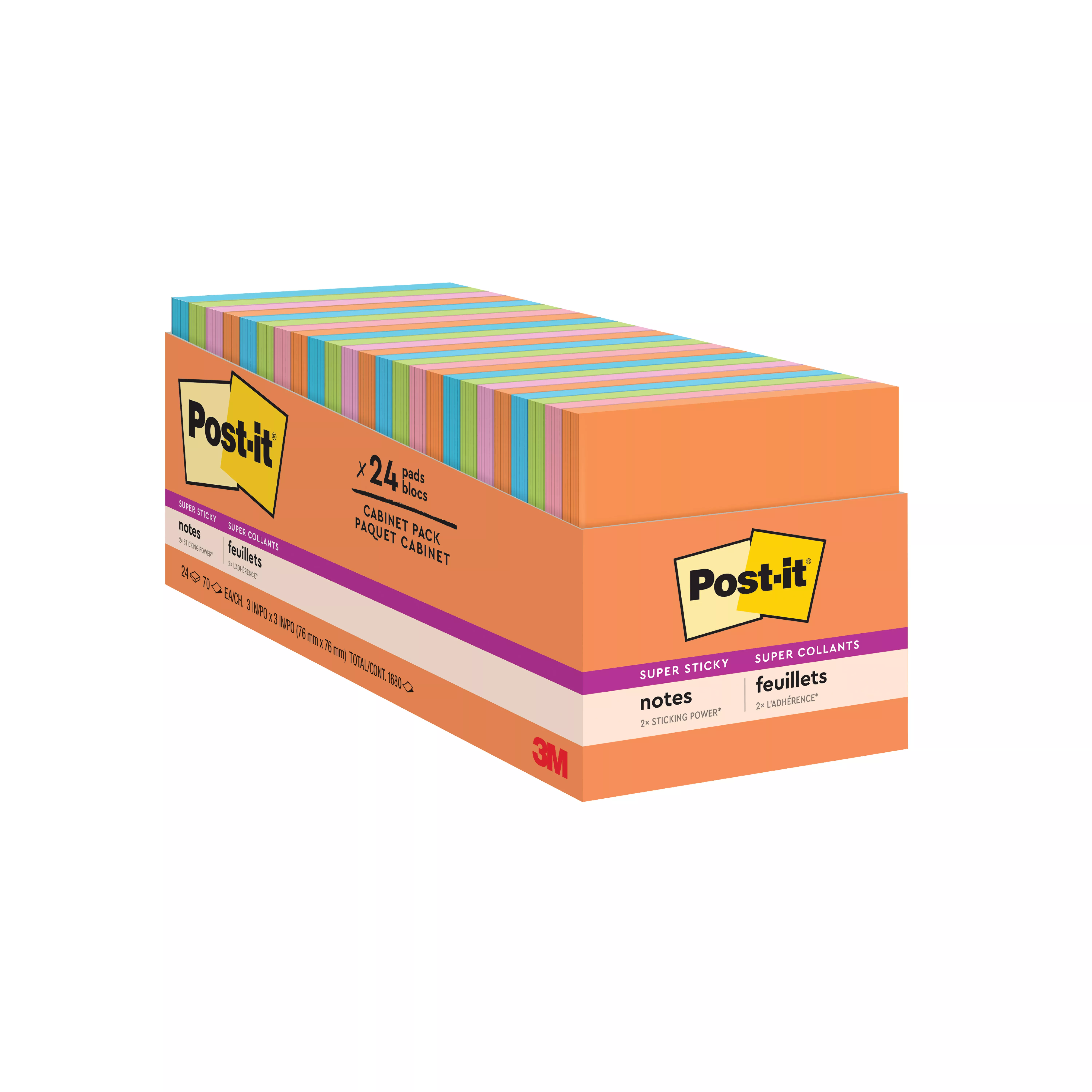 Post-it® Super Sticky Notes 654-24SSAU-CP, 3 In X 3 In (76 mm X 76 mm), Energy Boost Collection