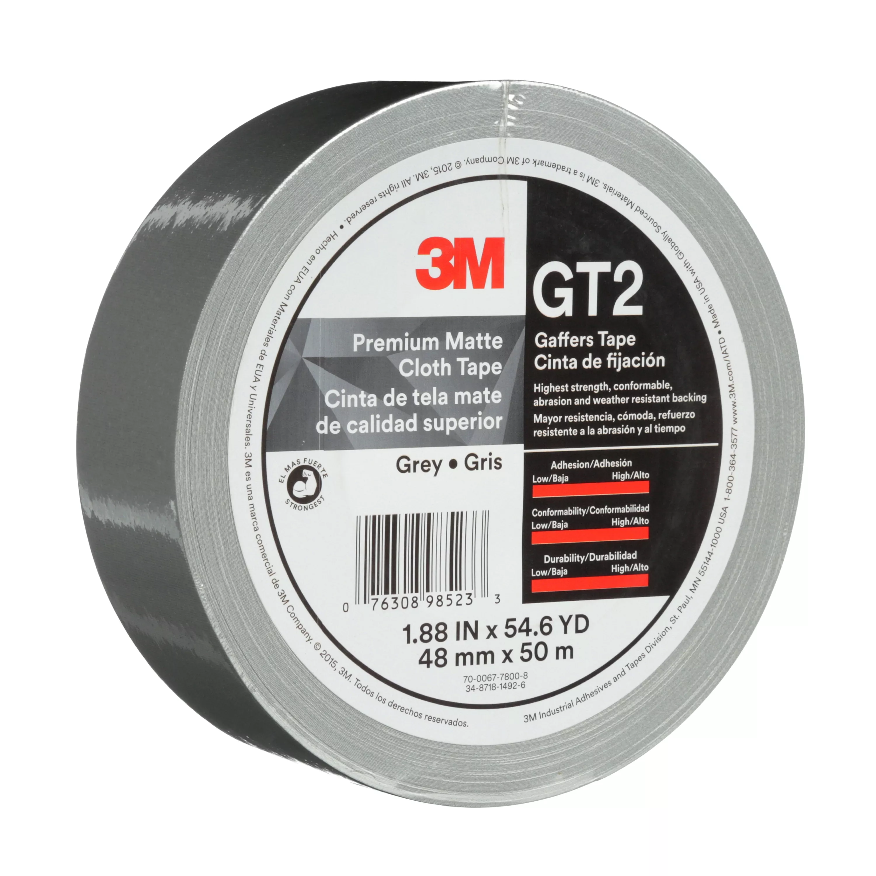 3M™ Premium Matte Cloth (Gaffers) Tape GT2, Grey, 48 mm x 50 m, 11 mil,
24/Case