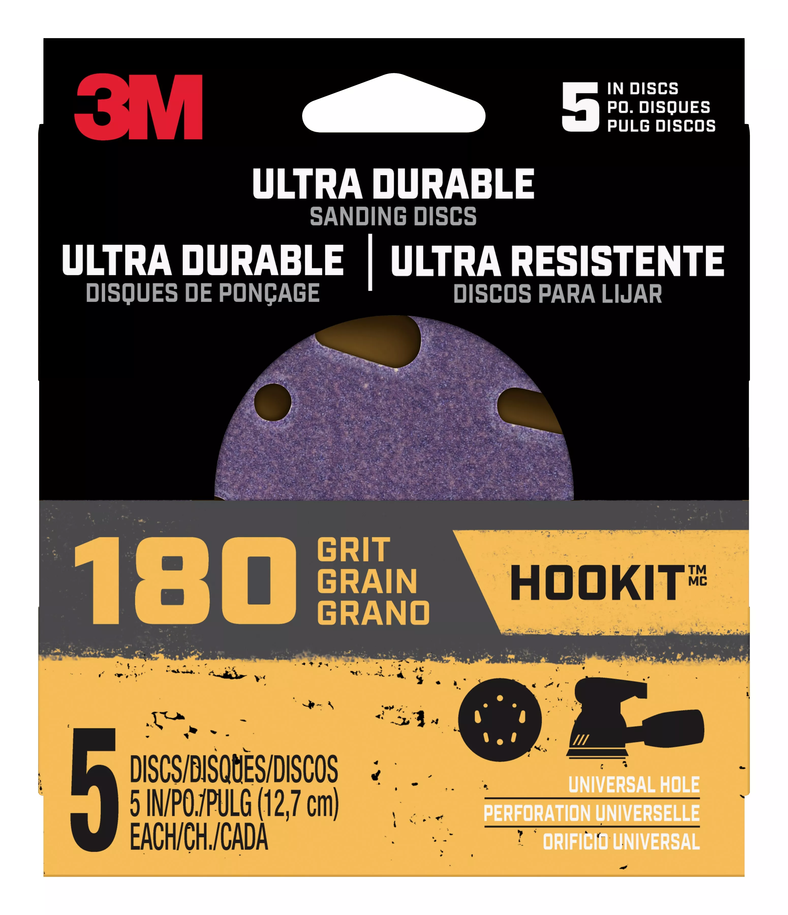 3M™ Ultra Durable 5 inch Power Sanding Discs, Universal Hole, 180 grit,
Disc5in5pk180, 5/pk, 20/case