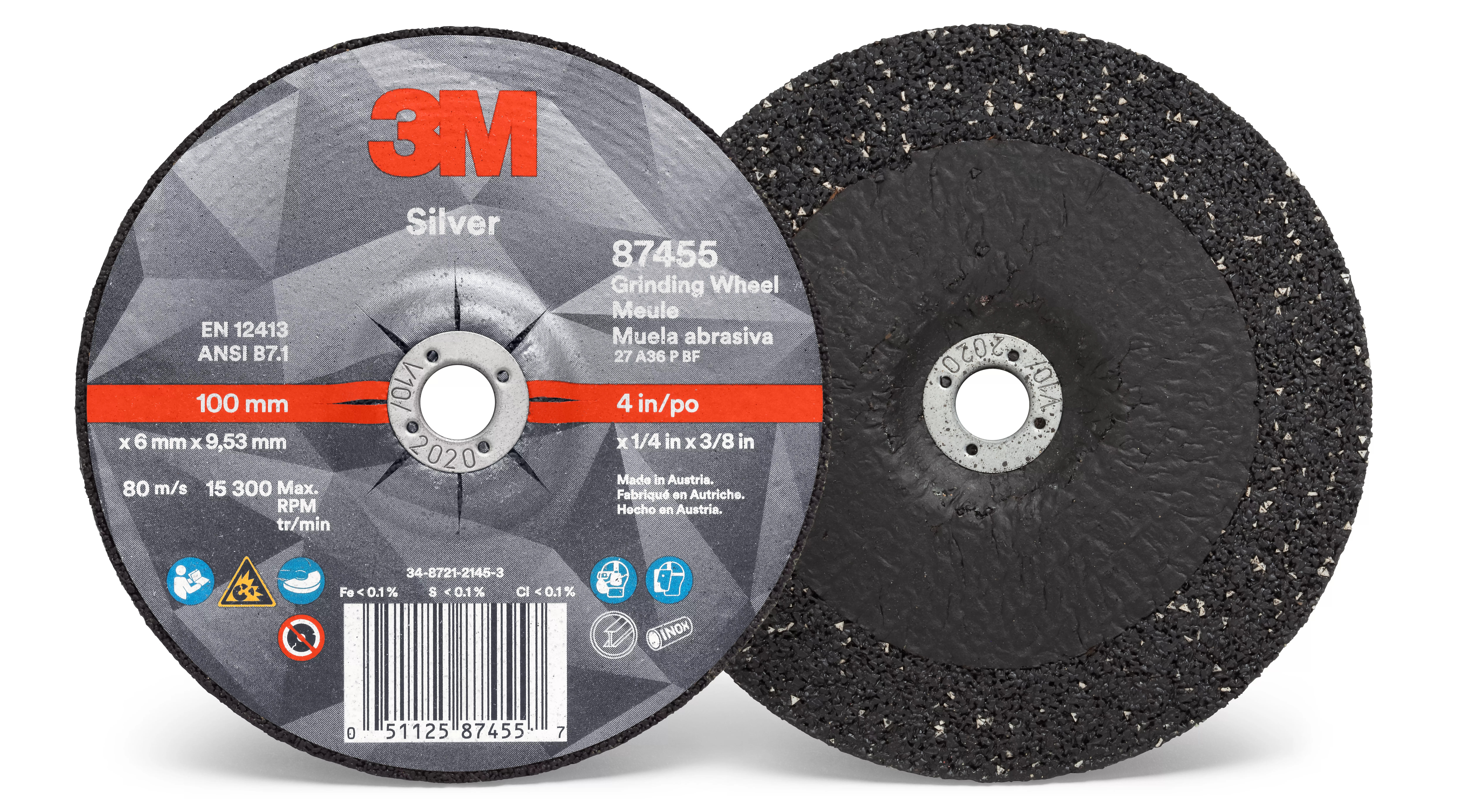 3M™ Silver Depressed Center Grinding Wheel, 87455, T27, 4 in x 1/4 in x
3/8 in, 10/Carton, 20 ea/Case