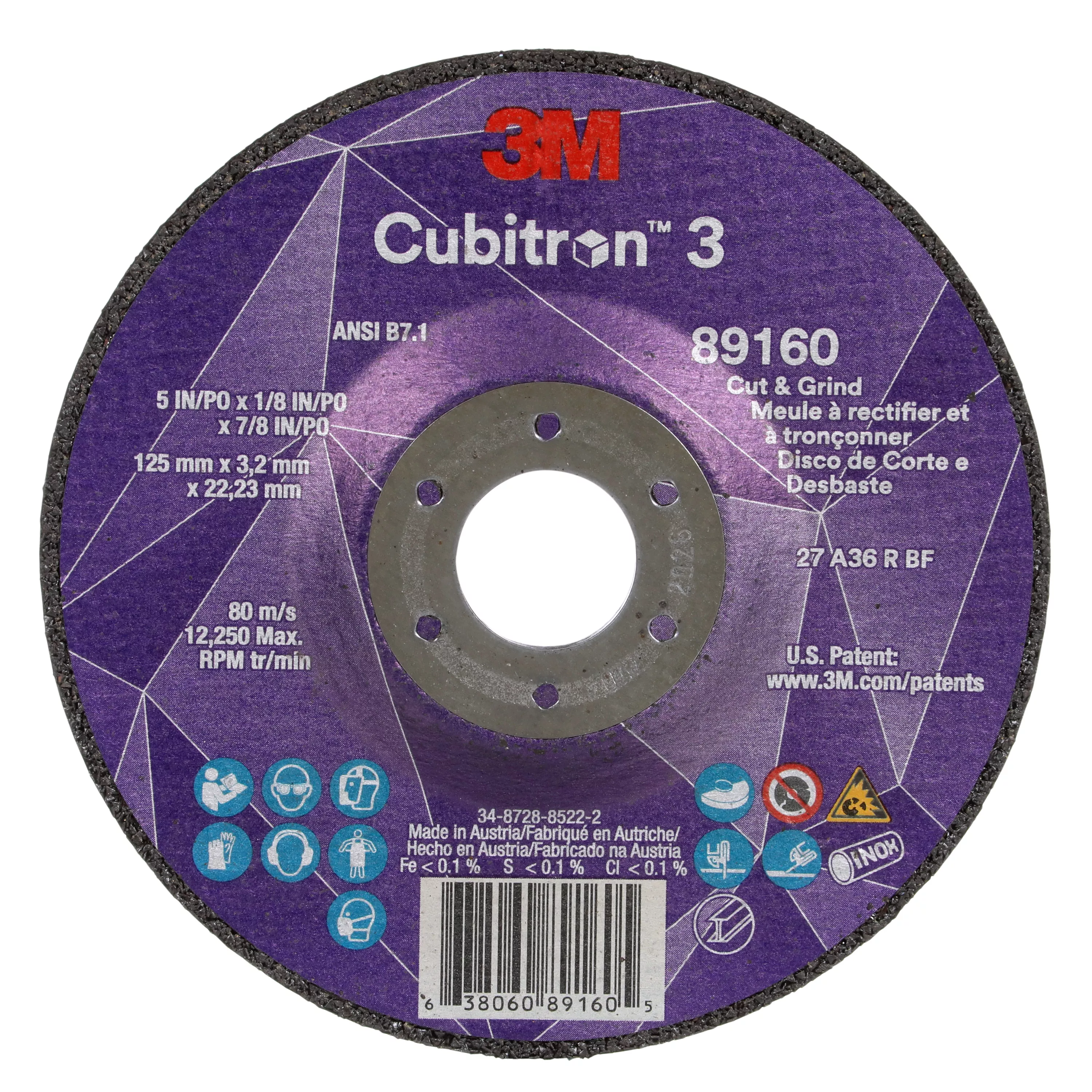 3M™ Cubitron™ 3 Cut and Grind Wheel, 89160, 36+, T27, 5 in x 1/8 in x
7/8 in (125 x 3.2 x 22.23 mm), ANSI, 10/Pack, 20 ea/Case