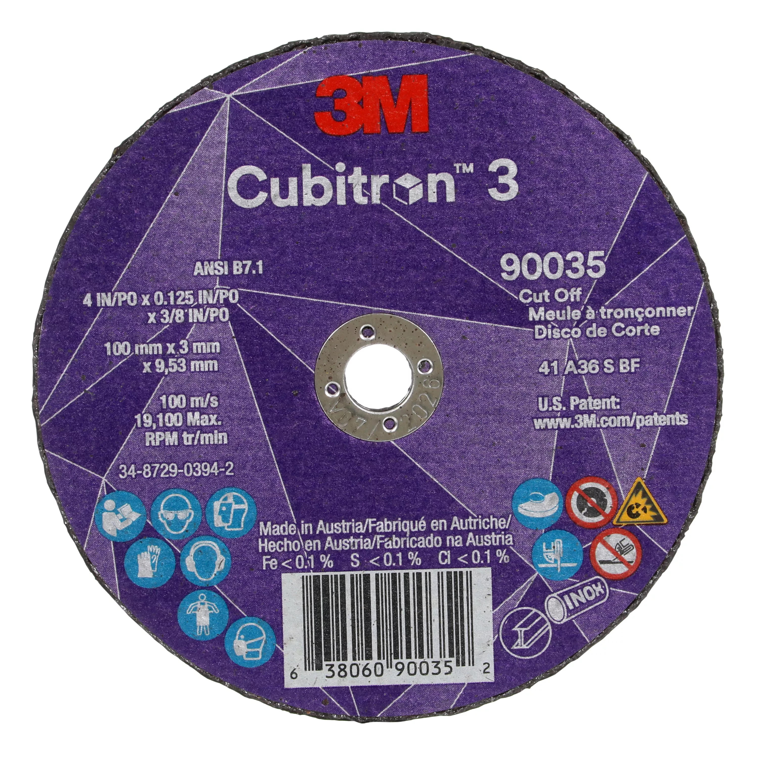 3M™ Cubitron™ 3 Cut-Off Wheel, 90035, 36+, T1, 4 in x 1/8 in x 3/8 in (100 x 3 x 9.53 mm), ANSI, 25/Pack, 50 ea/Case