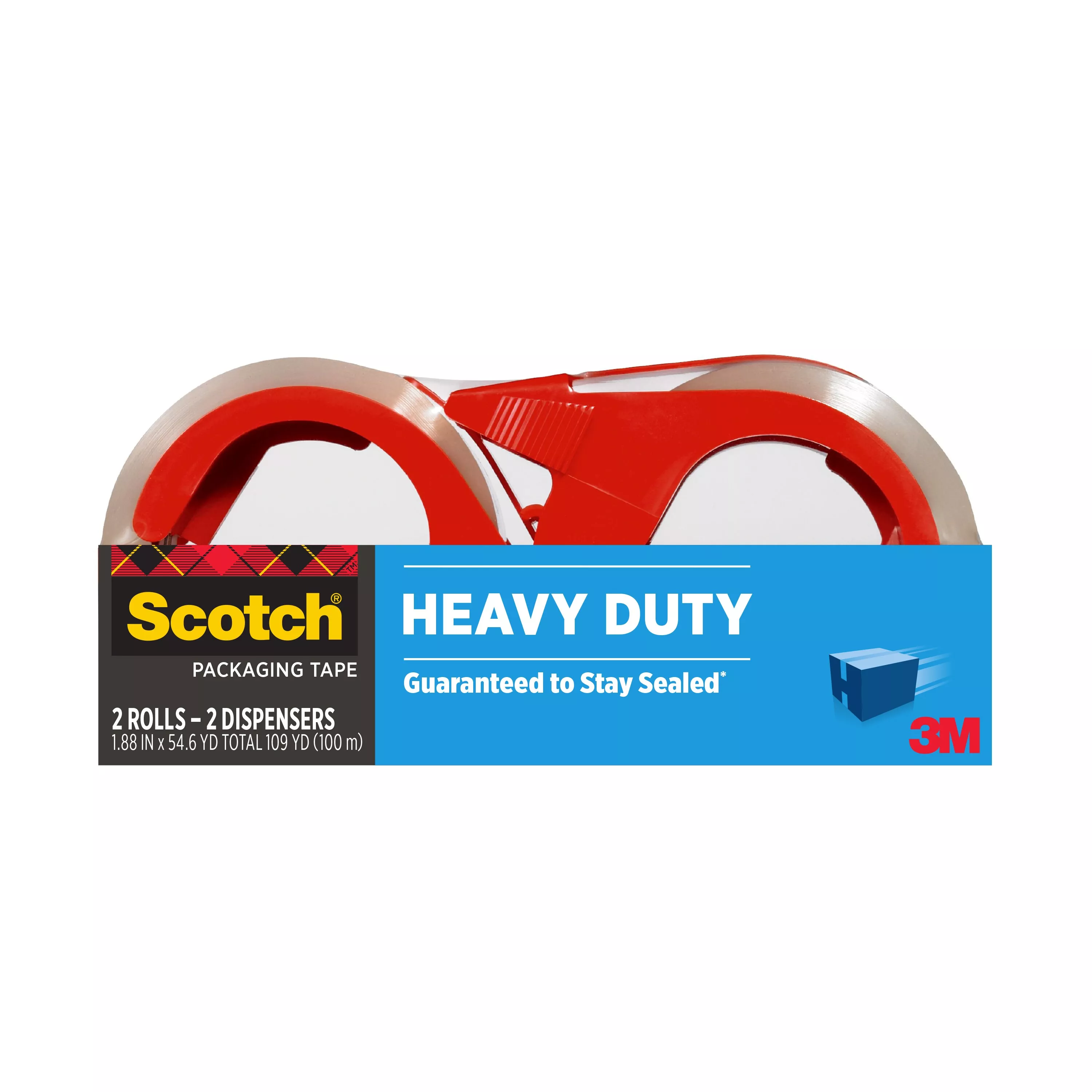 Scotch® Heavy Duty Shipping Packaging Tape 3850-2RD-12GC, 1.88 in x 54.6 yd (48 mm x 50 m) with Dispensers